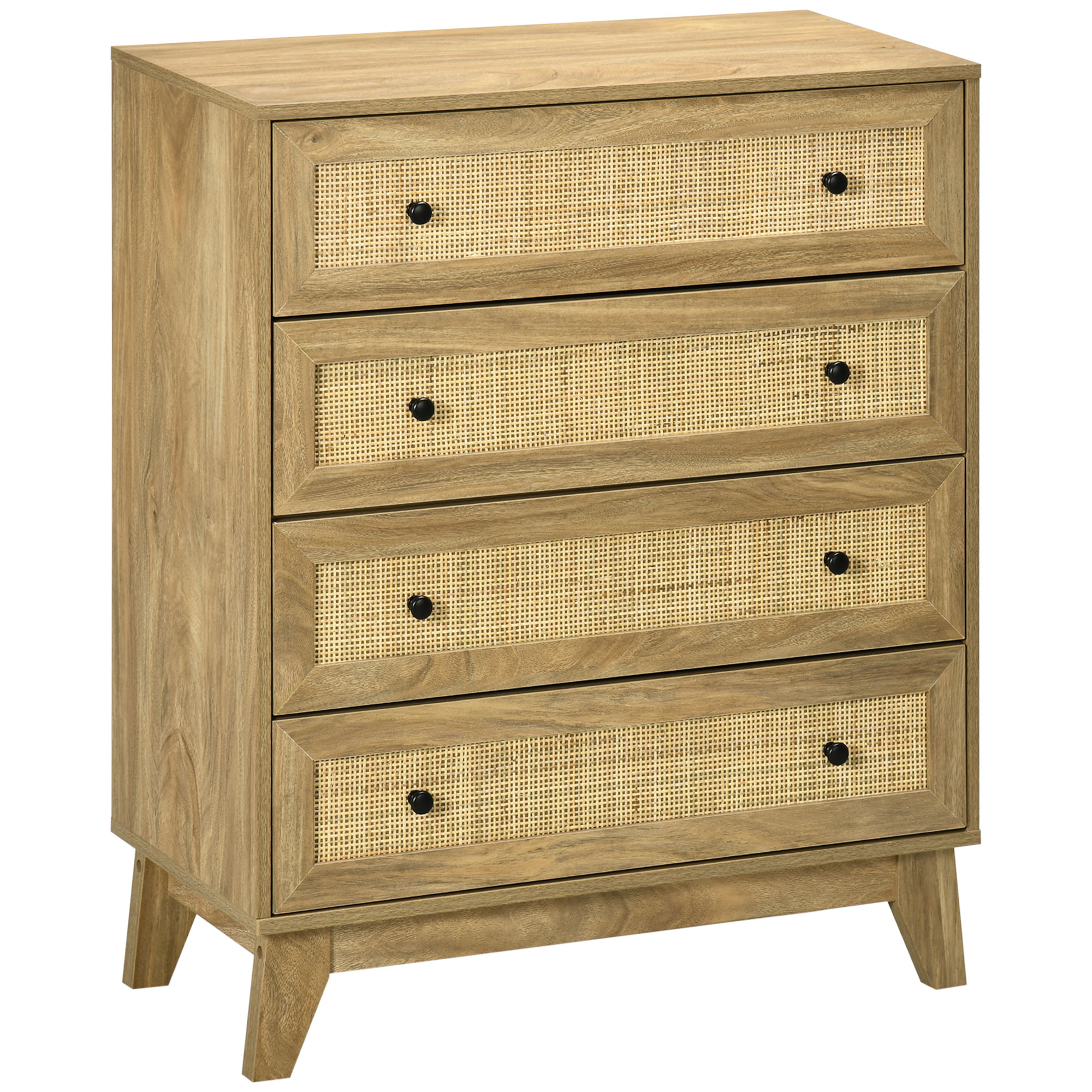 HOMCOM Cómoda con 4 Cajones Cómoda Dormitorio Estrecha con Frontales de Ratán y Patas Elevadas Cajonera para Salón Oficina 80x35x95 cm Natural