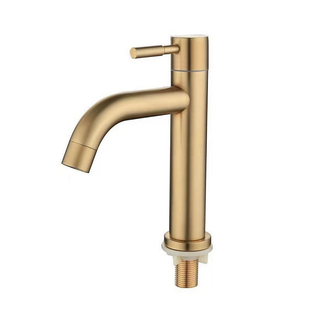 CA Grifo de lavabo frío simple de oro cepillado 304, grifo de baño de acero inoxidable con interfaz de 4 puntos, grifo corto de PVD
