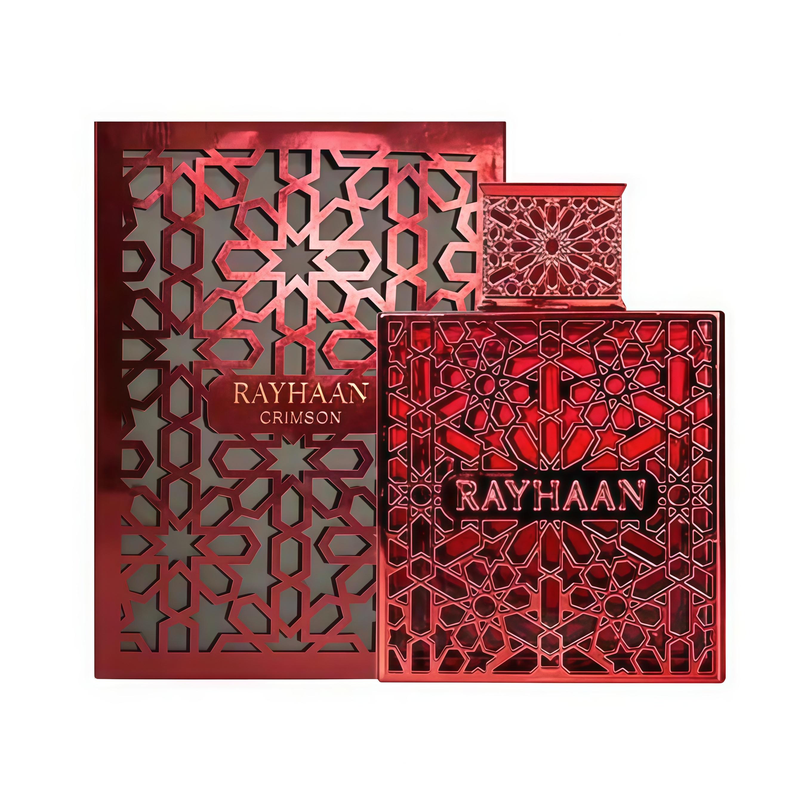 Rayhaan Perfumes Crimson Eau de Parfum Intenso para Hombre 100 ml Notas de Canela Pimienta Rosa y Pachulí Frasco Rojo con Motivo Geométrico Oriental