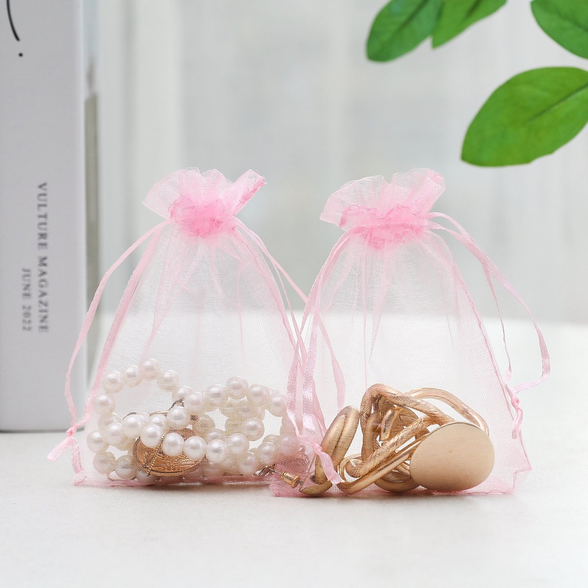 50 organzazakjes met trekkoord, voor het verpakken van sieraden, kruiden, snoepjes, enz., feestdecoraties, 10x15 cm, Roze.