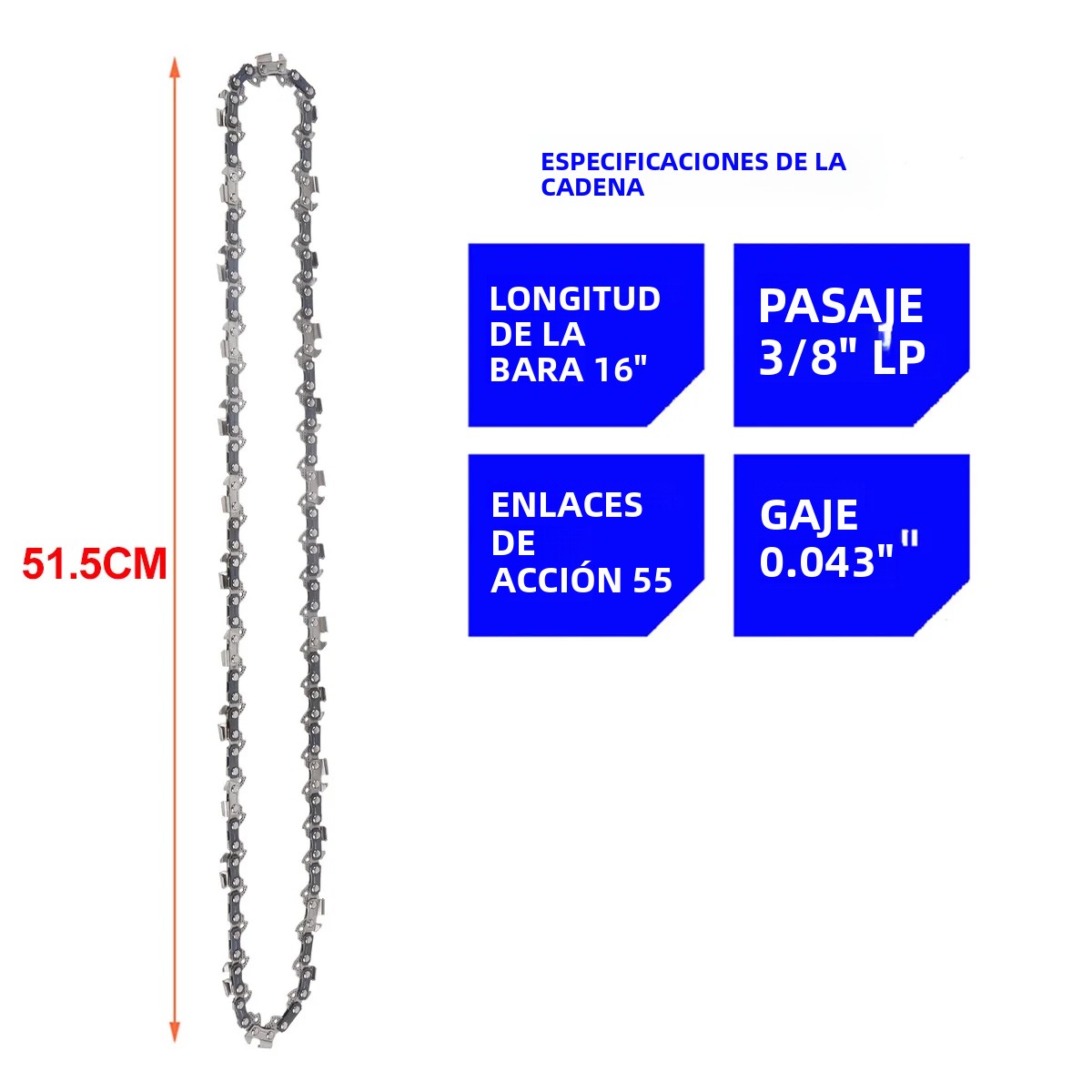 TK Cadena De Motosierra Metálica Portátil 16 Pulgadas 1/2/3/5x 55 DL 3/8" LP Accesorio De Repuesto Para Motosierra Eléctrica Gaucha 0.043