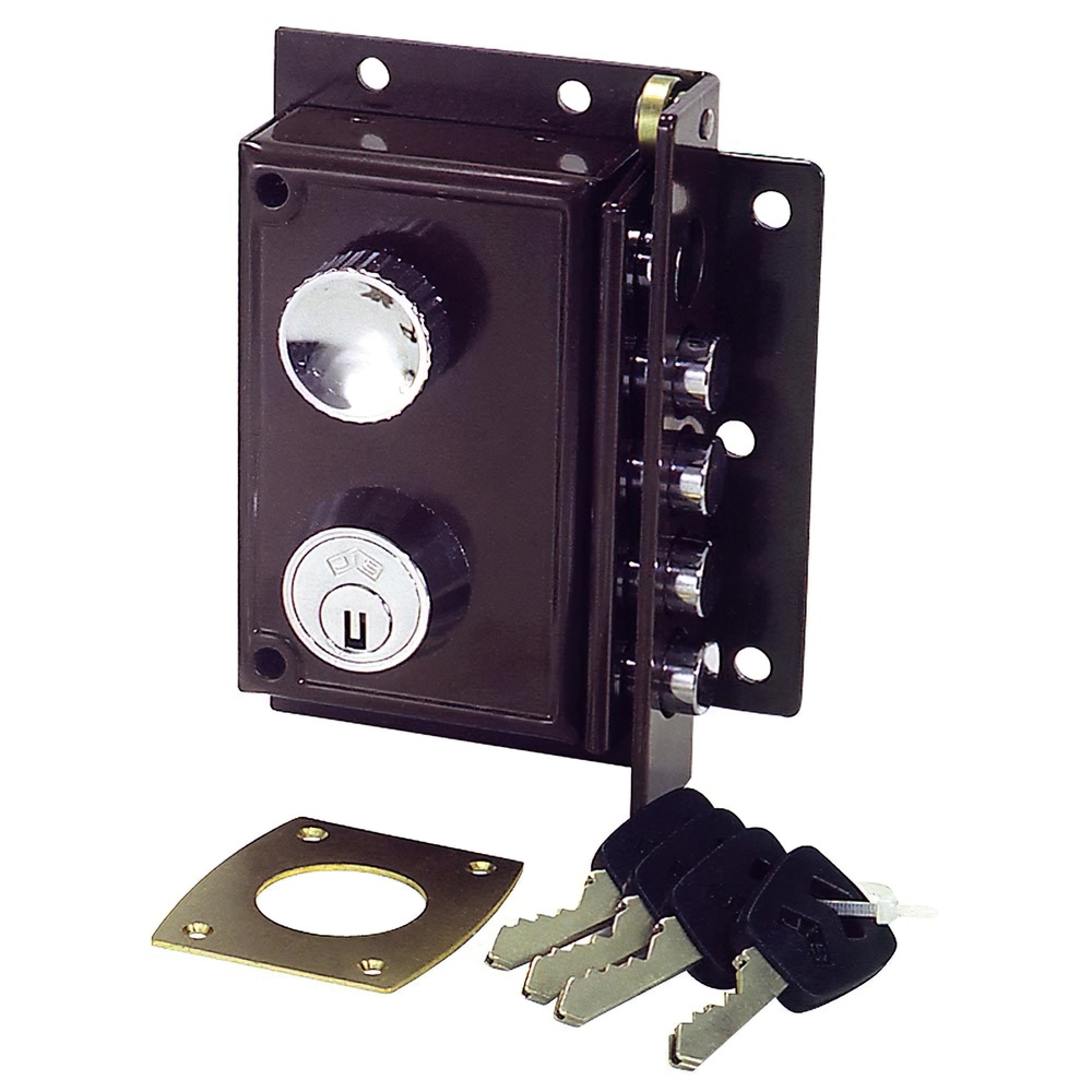 JIS Cerradura de Seguridad de Sobreponer 5240 (11x7 cm) | Cerradura de Puerta de Entrada con Picaporte, Contrapalanca y Cilindro Redondo Graduable Exterior | Acero Pintado Marrón (Mano Izquierda / Derecha)