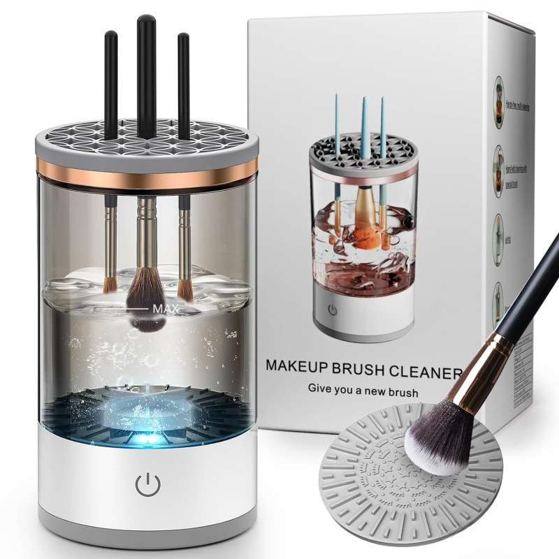 TK Limpiador de brochas, limpiador de brochas de maquillaje eléctrico automático, limpiador de brochas de maquillaje, limpieza profunda por giro, se adapta a todos los tamaños de brochas de maquillaje (recargable, blanco)