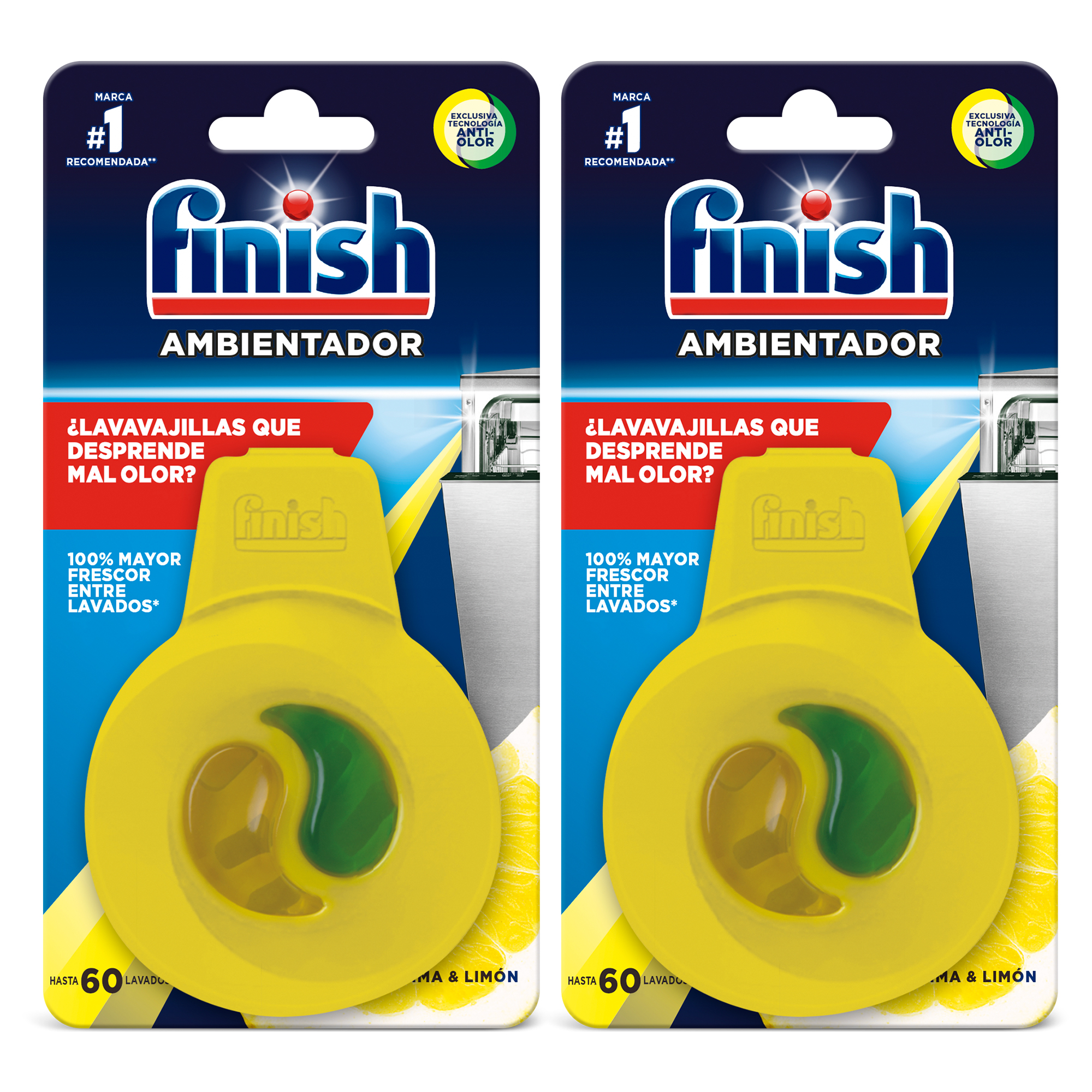 Finish 2x Ambientador Lavavajillas Limón, Evita Mal Olor, Aroma Fresco Lima Limon, Frescor