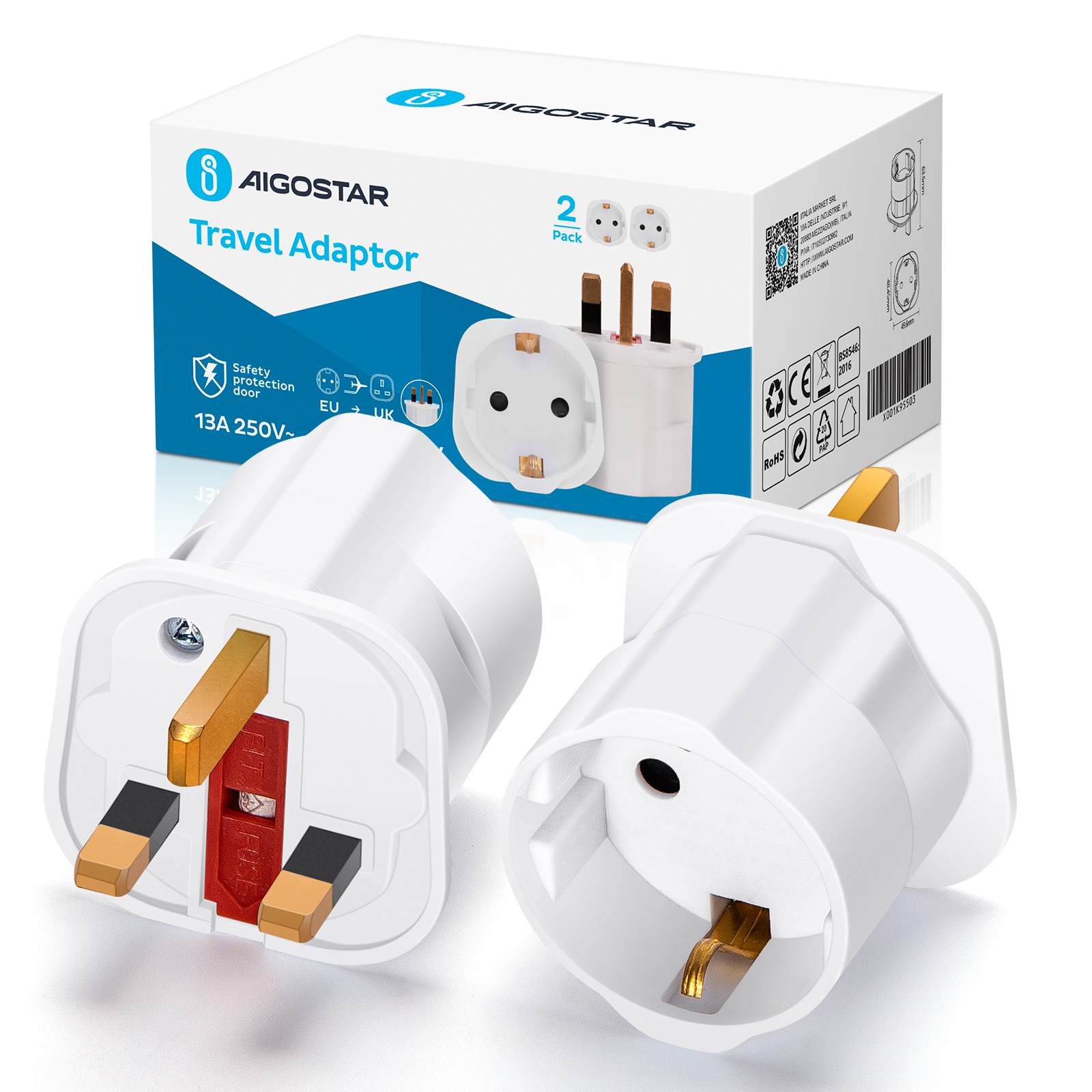 Adaptadores de Viaje para Reino Unido, Adaptador de Enchufe de Europa a Reino Unido, Adaptador UE 2 Pines a UK 3 Pines (Tipo G) Blanco