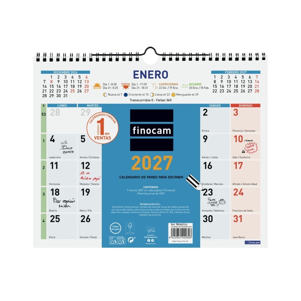 FINOCAM CALENDARIO PARED 2027 COLOR ESCRIBIR M 30X24 7 CALENDARIO ANUAL