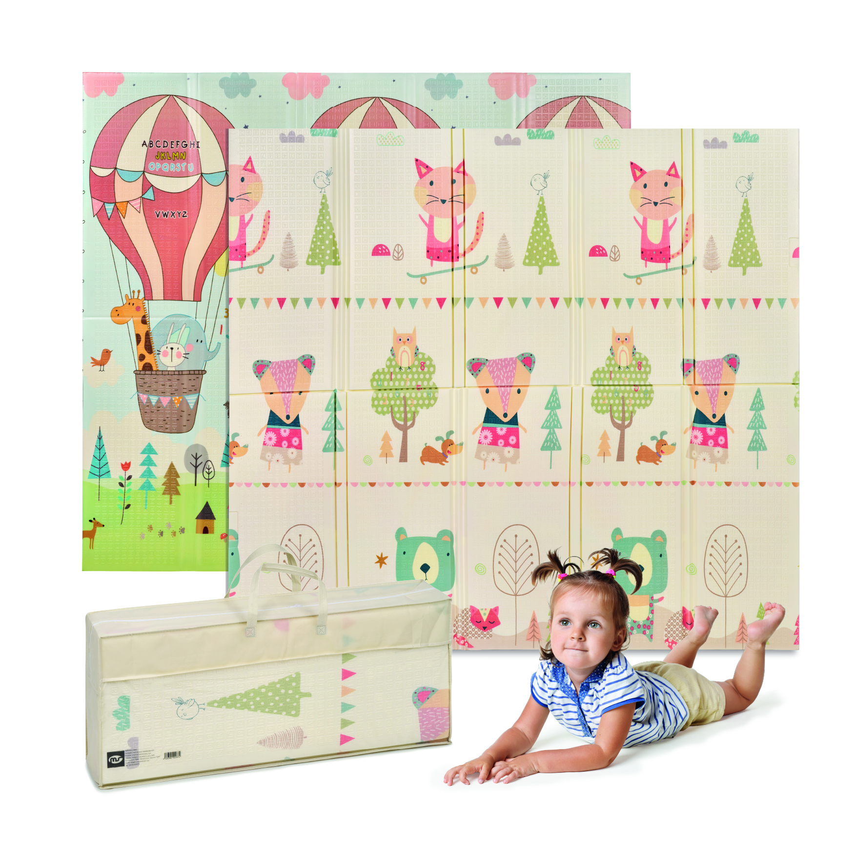 MS BabyWorld Tapete de juegos Fancy - Alfombra de Juegos para Bebé 180x200x1.5 cm - Doble Cara, Tapete Muy acolchado (1.5 cm Grosos), Plegable y con Bolsa de transporte - Ideal para regalo