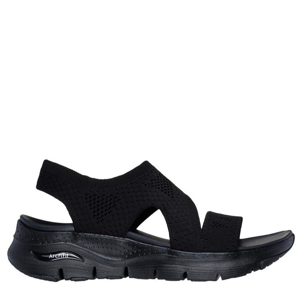 Cómoda  Sandalia de mujer Skechers ARCH FIT SANDAL en suave tejdo negro adaptable. Con entresuela de aire amortiguadora. Plantilla Arch Fit, con más ajuste en el arco Altura Tacón bajo (1-3 cm) Referencia 119458-BBK