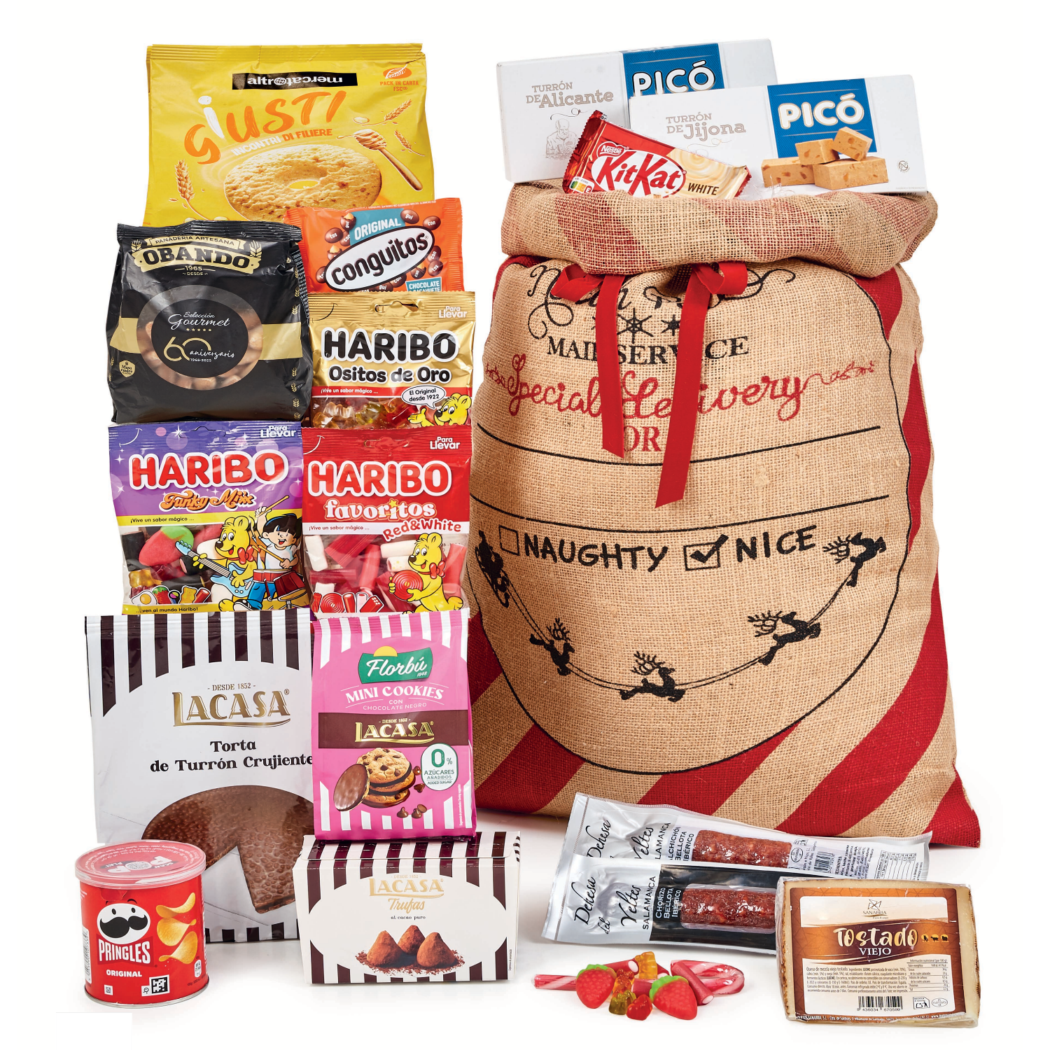 Cesta de Navidad Solidaria Familiar 229 SIN ALCOHOL - Saco Regalo Reyes con Ibéricos de Bellota, Queso Oveja Curado, Galletas Comercio Justo Oxfam, Chocolates y Chuches - Maure Gourmet