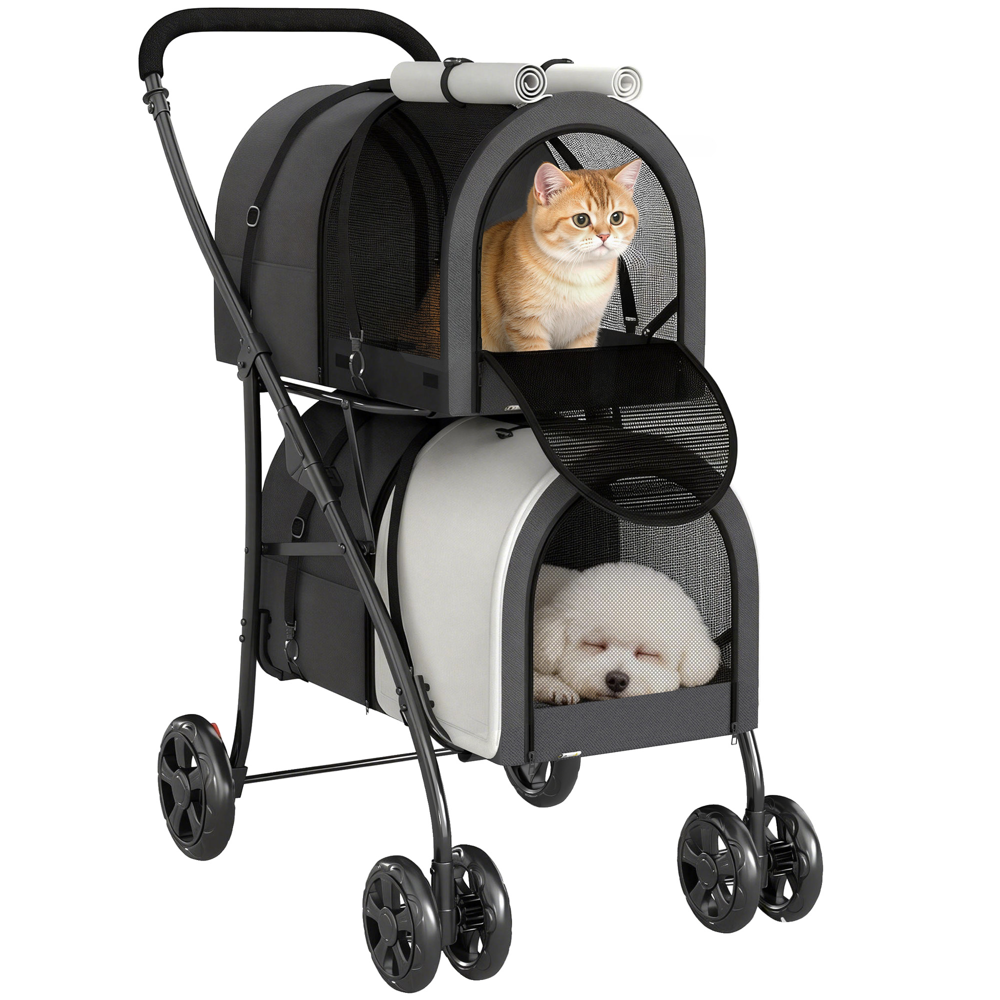 PawHut Carrito Doble para Perros Gatos Cochecito Plegable para Mascotas con 2 Transportines Extraíbles Cinturón de Seguridad Bolsillos Laterales y 2 Cojines Cada Carga 10 kg 79x53x98 cm Gris Oscuro