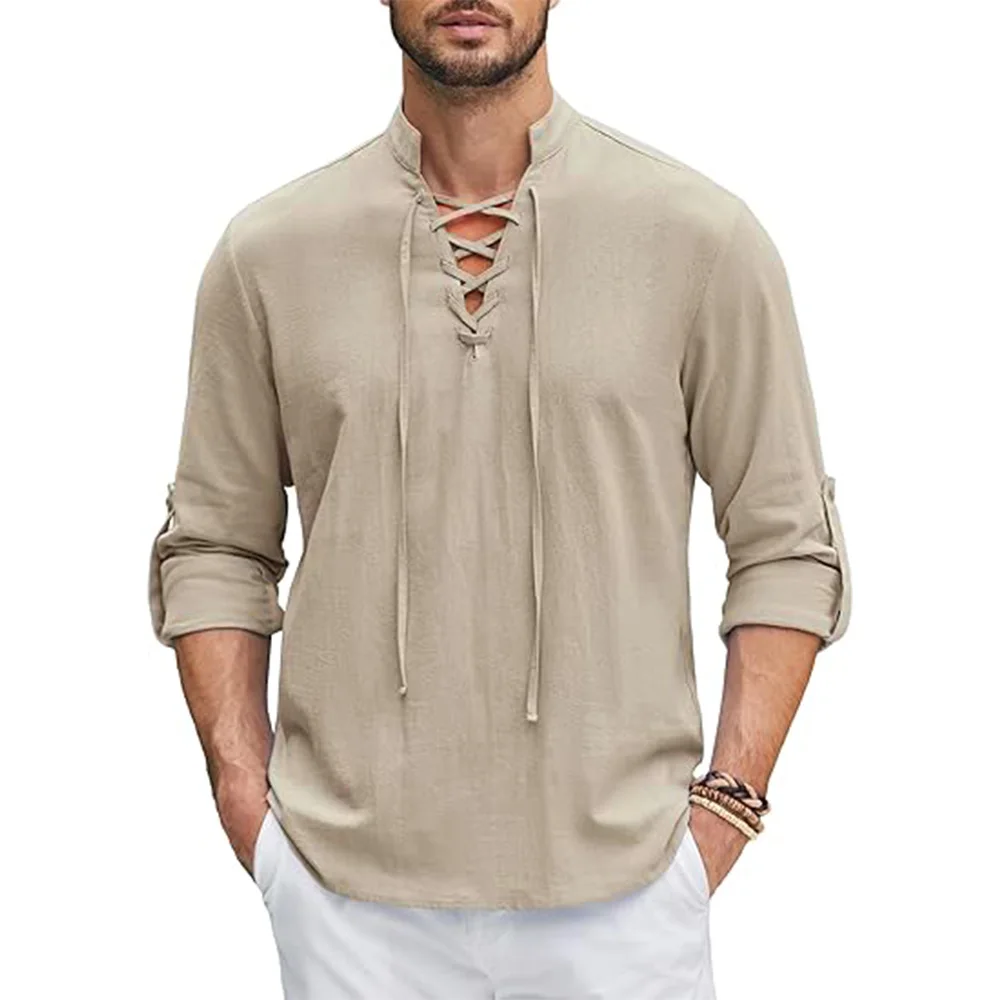 TK Camisa De Renacimiento Para Hombre Pirate Viking Medieval Algodón Lino Camisa De Manga Larga Para Halloween Disfraz Casual Diario