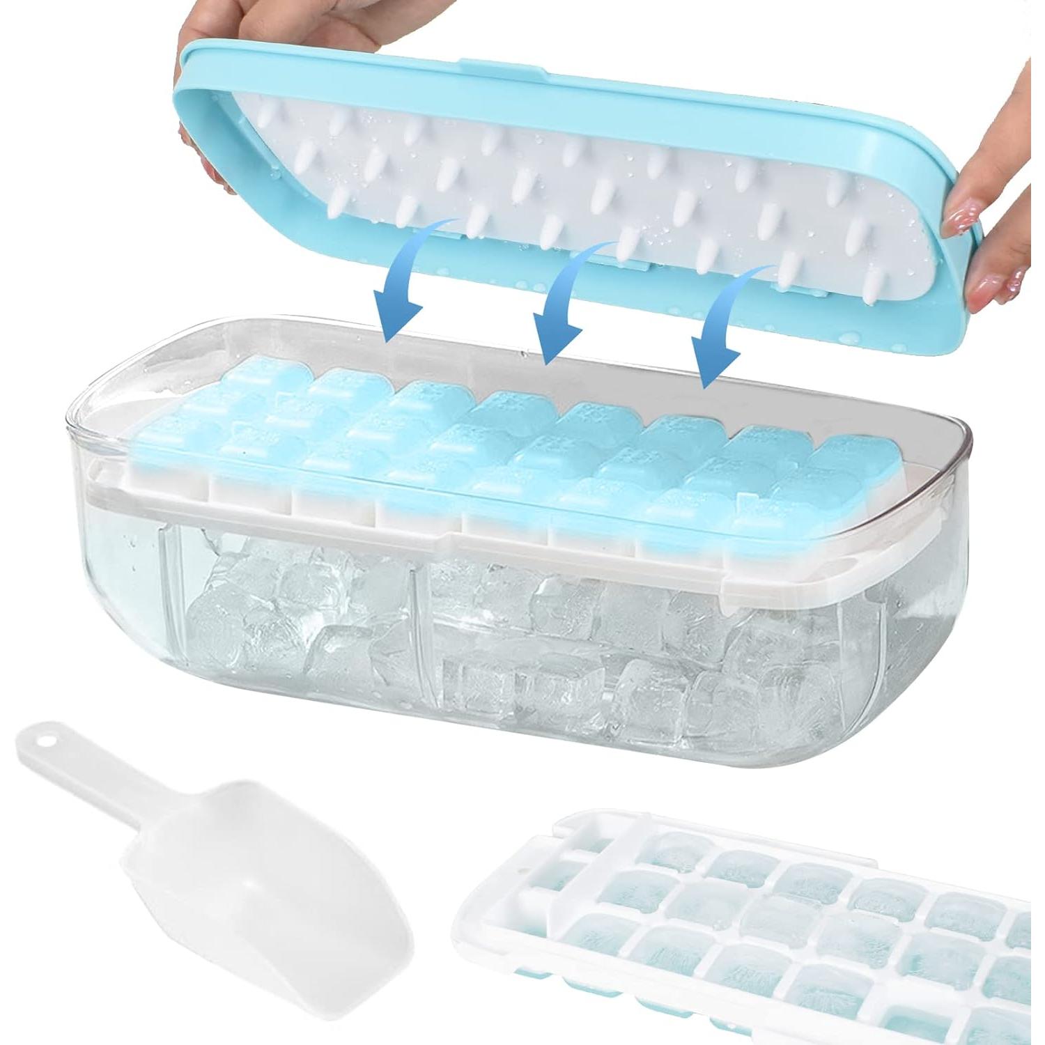 TK Cubiteras para Hielo con Tapa2 Capas Cubitera Silicona con Contenedor y Pala de HieloSin BPA48 Cubitos de Hielo Cuadrado Molde Hielopara Cóctel de Whisky de Cola Congelado (Azul)