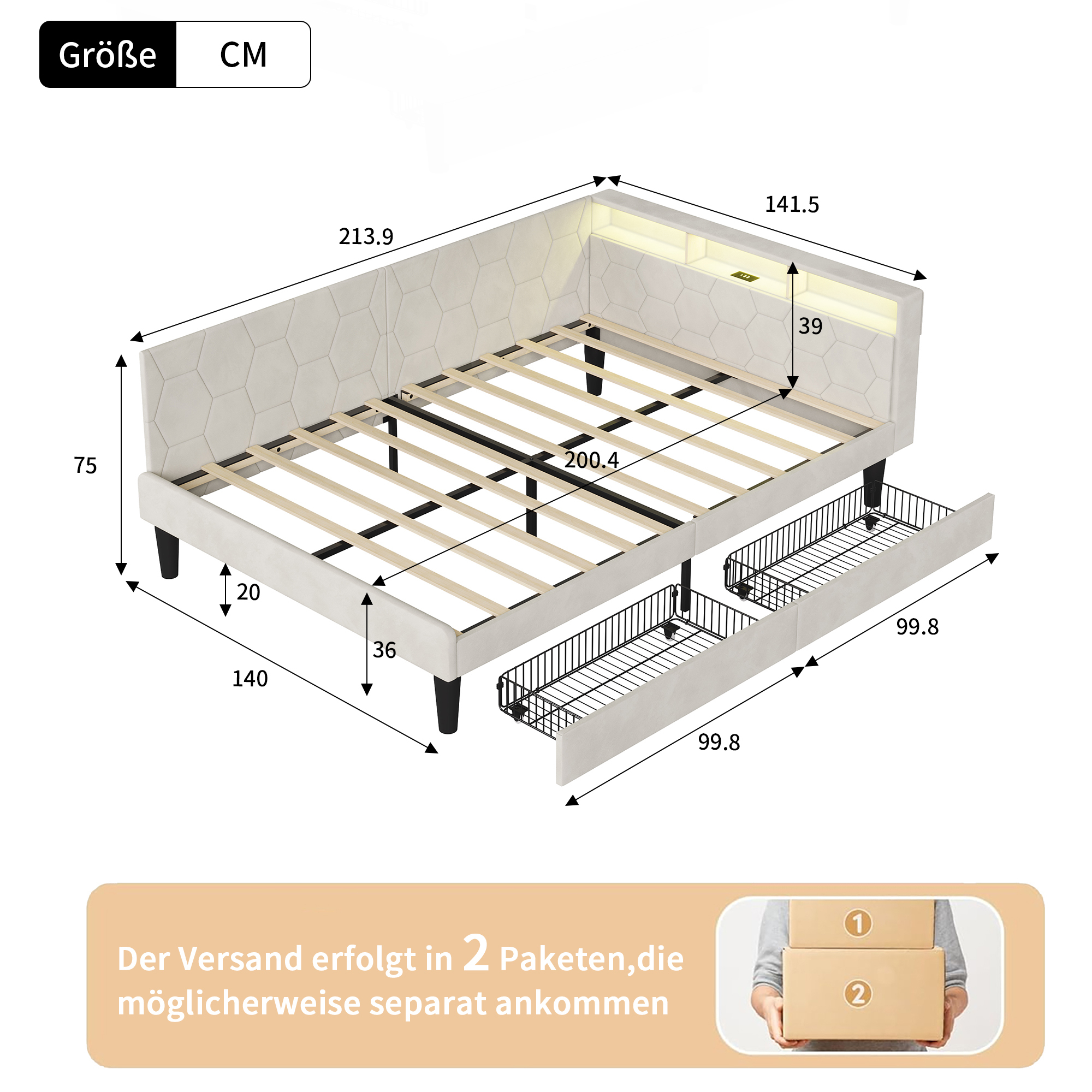 Superaly Modern Upholstered Bed Frame, Velvet Fabric Single Double Bed 90x200 140x200 with LED Lights, Storage Drawers and USB Charging Station, Load Capacity 300kg, Beige  / Gray