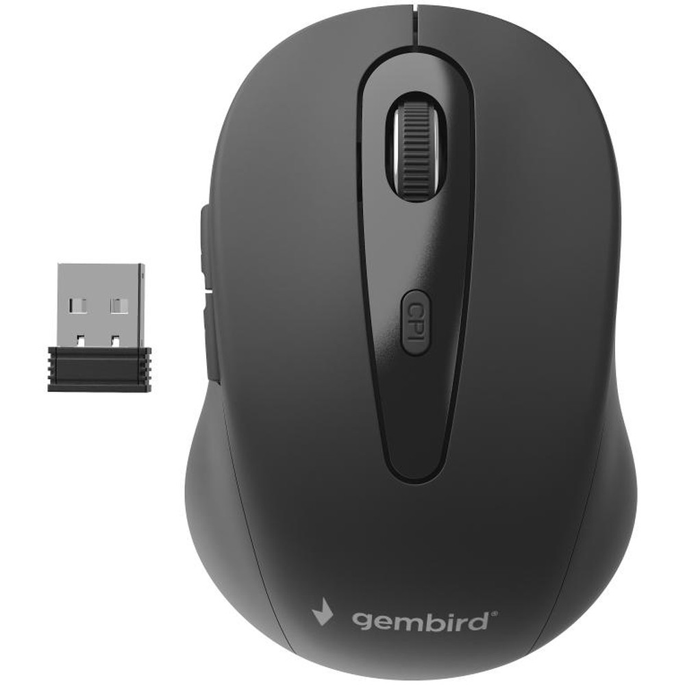 Gembird - Ratón inalámbrico RF para oficina, óptico de 1600 DPI, ergonómico para diestros con 6 botones y rueda de desplazamiento, color negro y gris
