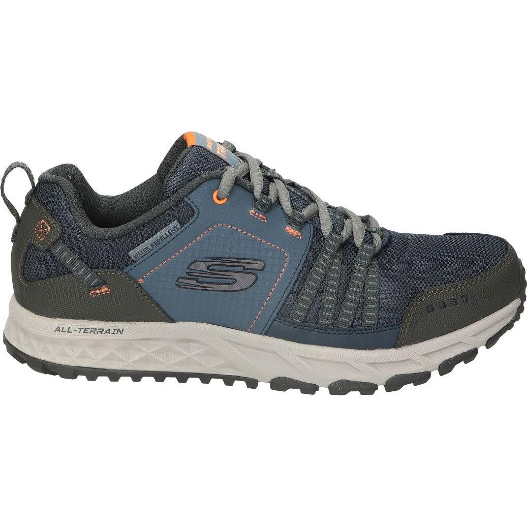 SKECHERS | Zapatillas Escape Plan All Terrain para Hombre – Zapatilla Azul Marino y Naranja Repelente al Agua con Cordones, Piel, Sintético, Malla, Air-Cooled Memory Foam y Suela de Alta Tracción – Modelo 51591-NVOR