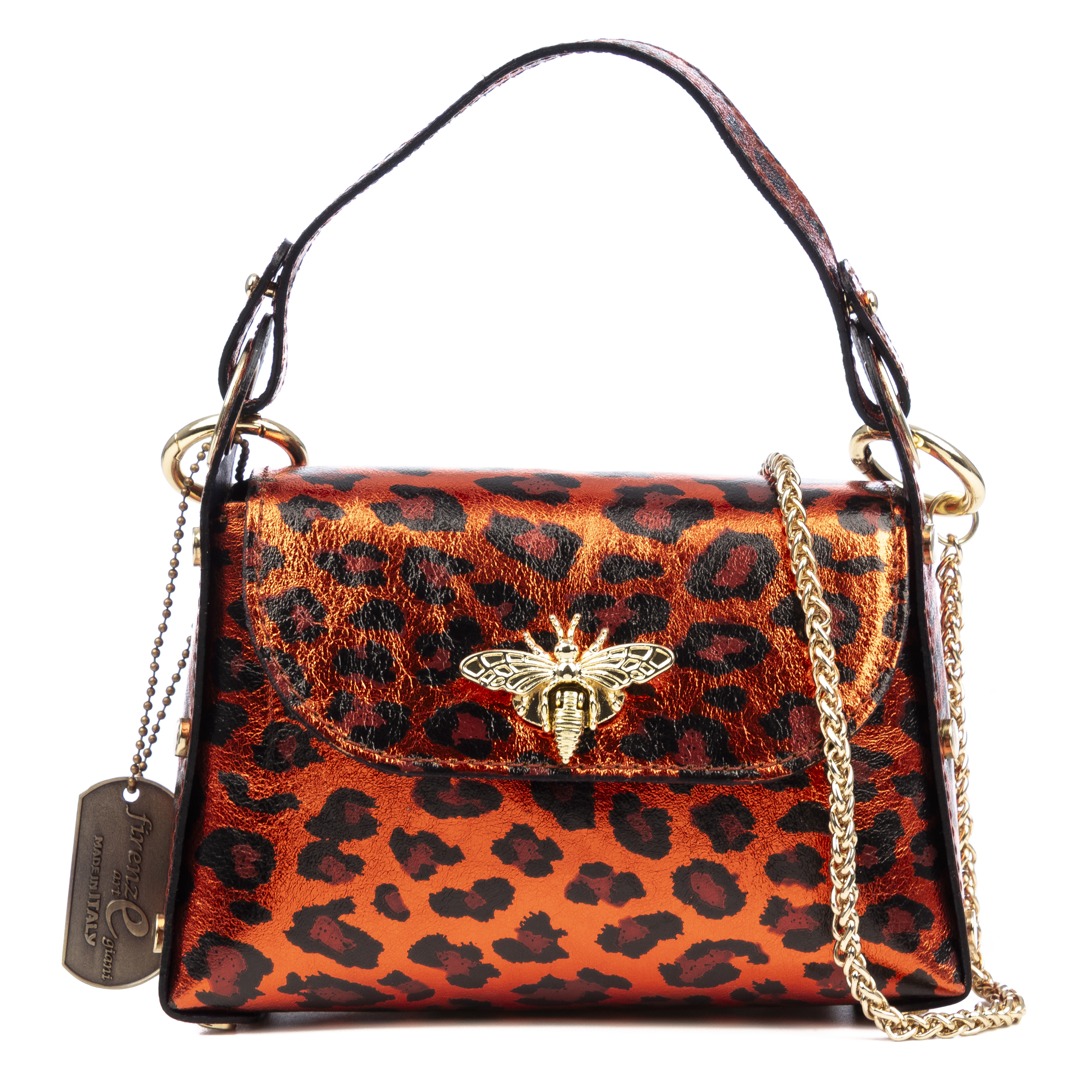 FIRENZE ARTEGIANI Aquileia bolso de mano mujer. Piel auténtica Gamuza con estampado animal print leopardo lacada brillante. Fabricado en Italia 19x7x13 Cm. Color: Leopardo