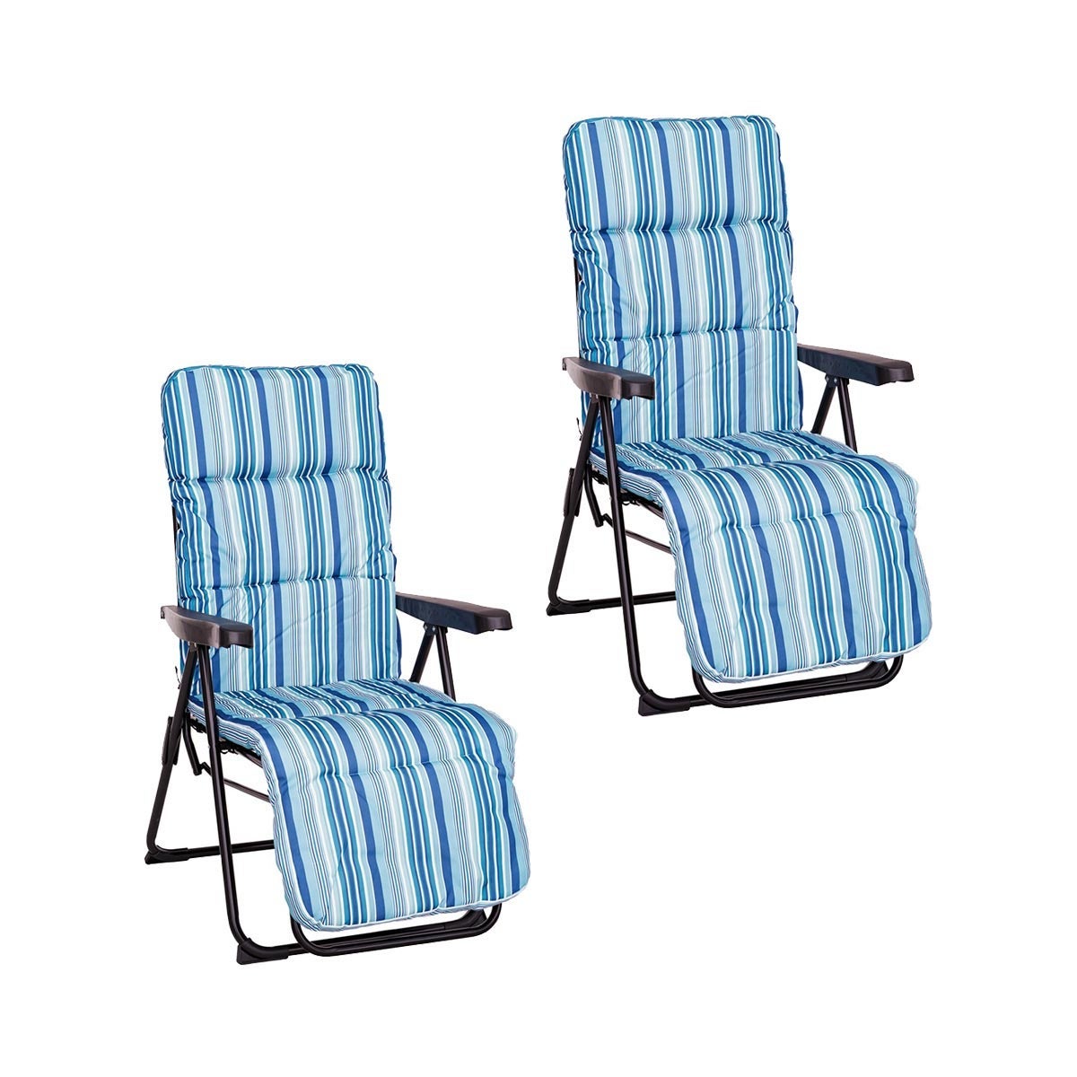 Set 2 Sillones de Jardín Acolchado, Reclinable, Reposapiés, Azul Reclina 4 posiciones. Estructura de acero anticorrosión y tela de lona. Colchón de 5 cm de grosor, plegable. 61x58x106 cm MONTY