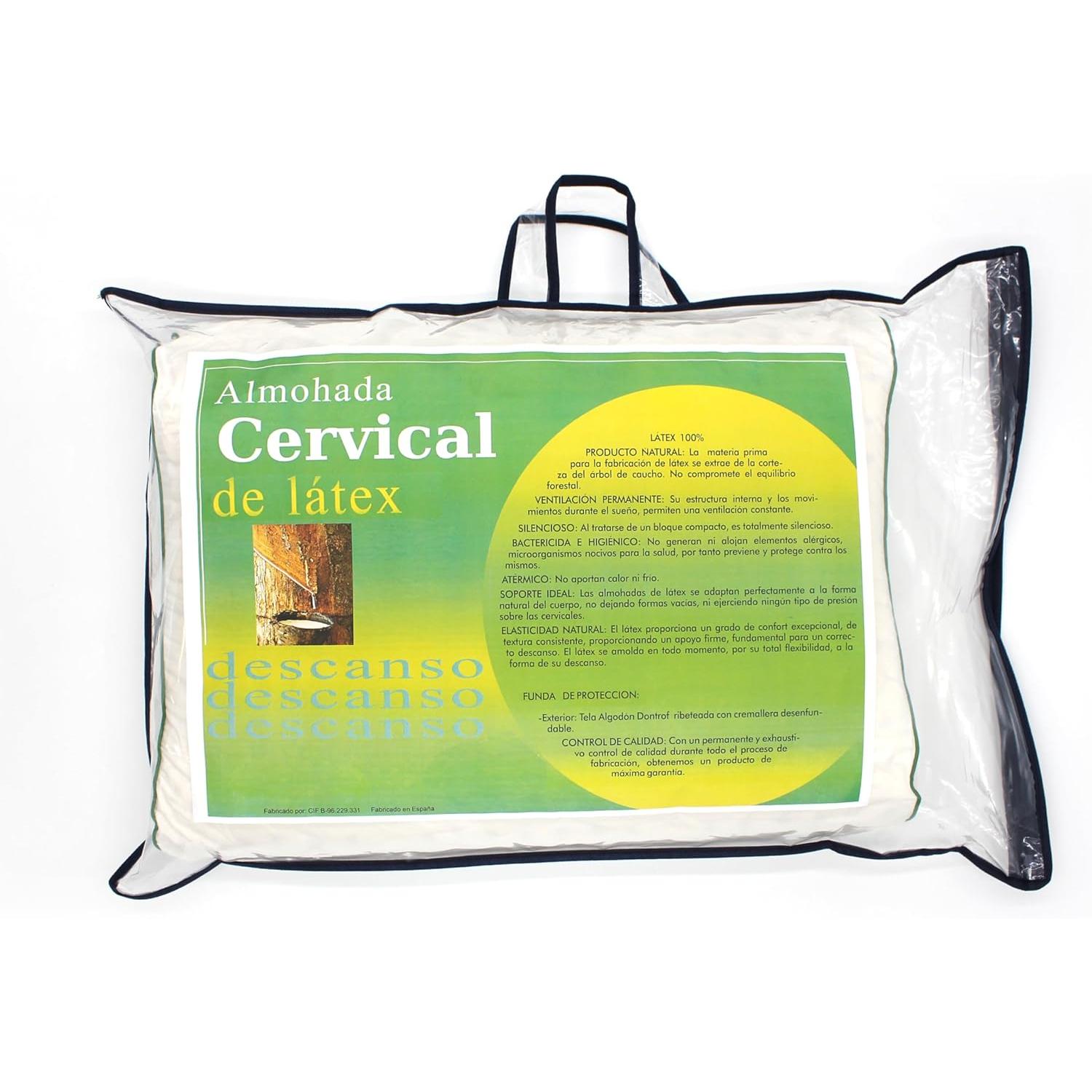 CLOEN Almohada Latex | 100% de látex Natural |Transpirable | Antiácaros e Hipoalergénica | 12cm Altura |Firmeza Media Baja | Funda de Almohada con Cremallera. (Almohada Cervical Medida 67,5x38x12cm)