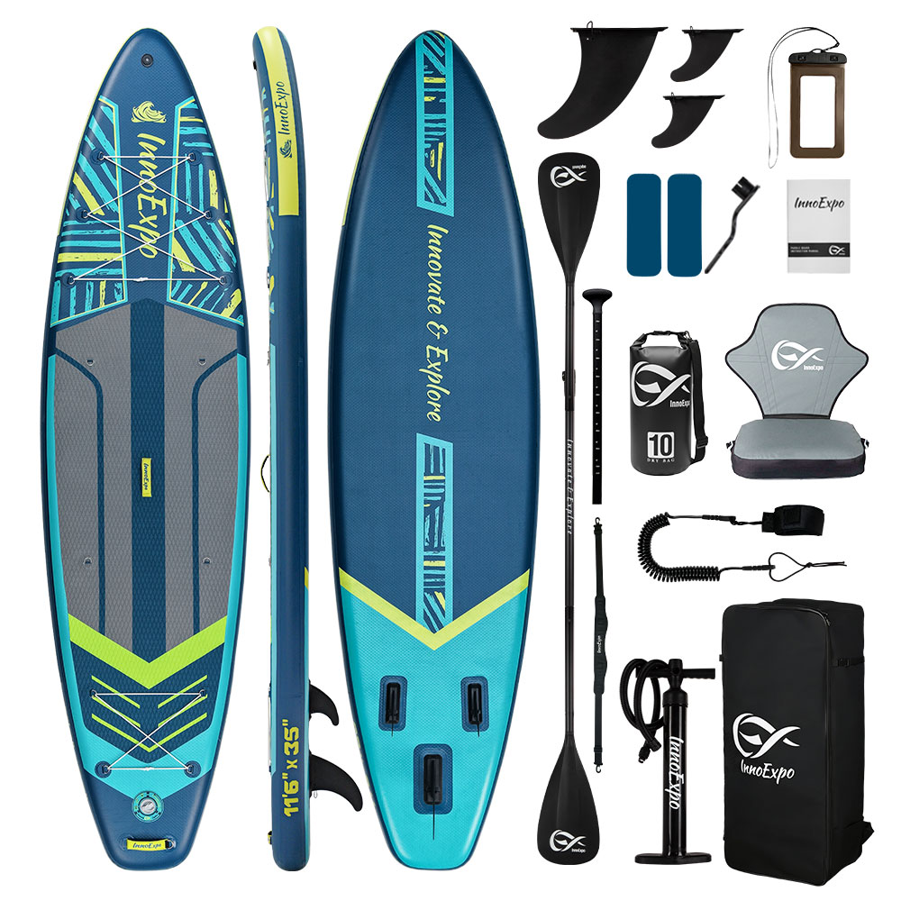 INNOEXPO,Inflatable Paddleboards,350*89*15cm,Non-silp EVA,230KG Weight Capacity,Inflation range 12-15PSI,with Go-pro Base,2-IN-1 Paddle,10L Waterproof Bag,Inflatable Seat,D-Rings For Shoulder Strap,Beginner Friendly