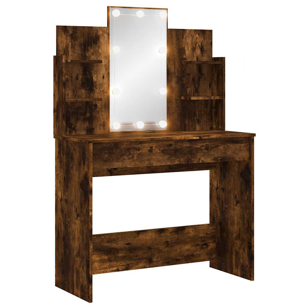 vidaXL Tocador con luces LED roble ahumado 96x40x142 cm