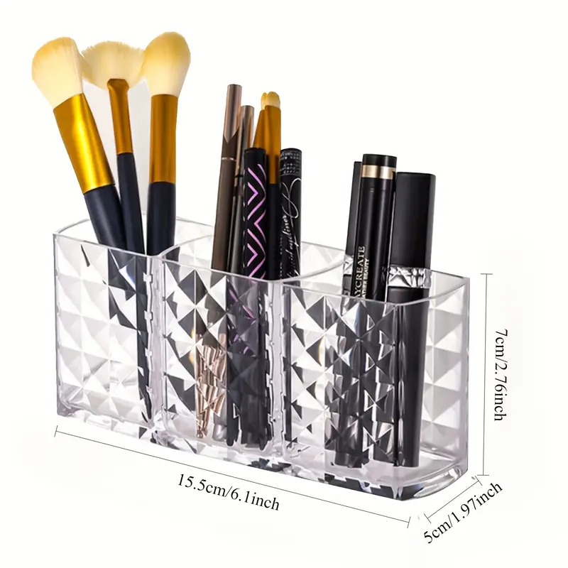 Caja de almacenamiento de maquillaje de acrílico transparente para lápices y pinceles de cejas, caja de almacenamiento de maquillaje con contenedor, soporte para brochas de maquillaje de cristal, 3 ranuras, herramientas cosméticas brillantes, pinceles, de