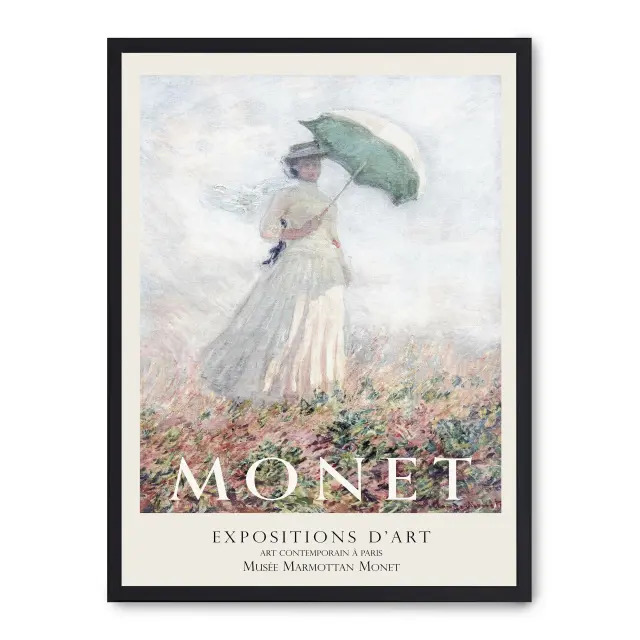 Cuadro woman with umbrella i 30x40cm, Póster impreso en papel de primera calidad de 180gr, montado sobre marco de madera MDF acabado en negro., Arte - Pintores famosos - Monet