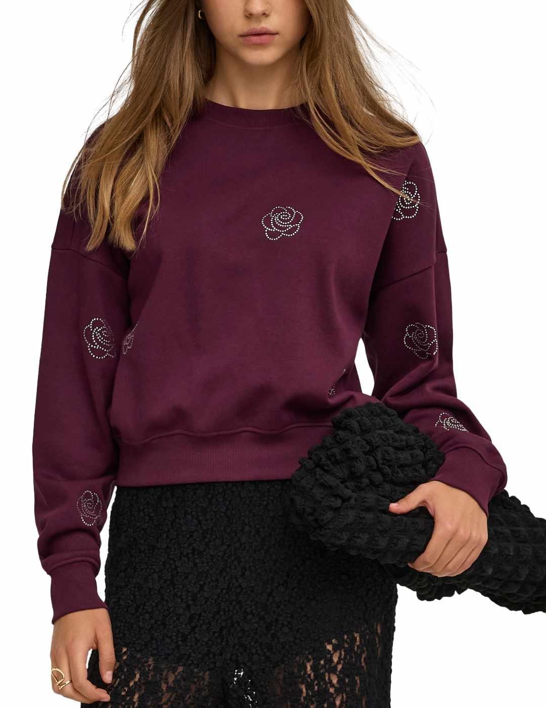 Sudadera Only Berit granate flores brillo para mujer