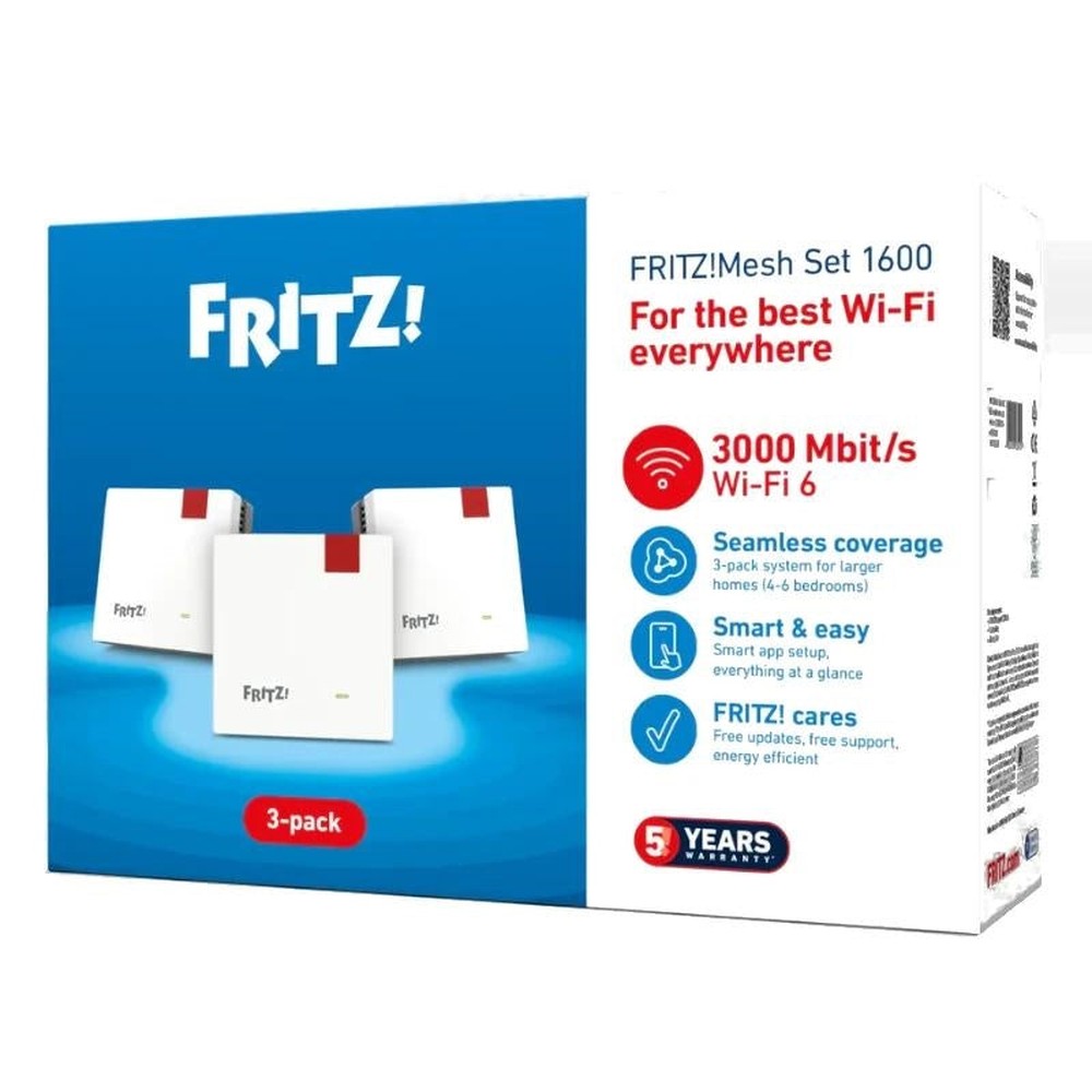 Fritz! - Kit mesh WiFi 6 Fritz! Mesh WiFi Set 1600 de 3 unidades con banda dual 2,4/5 GHz y velocidad hasta 3000 Mbps para cobertura total en hogar