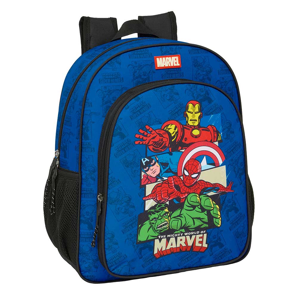 SAFTA | Mochila Escolar Guardería Avengers Marvel Comics Super Heroes Adaptable a Carro (Sin Carro), Compartimento Principal con Cremallera, Tarjeta Identificación, Asa Superior, Portabotellas Lateral