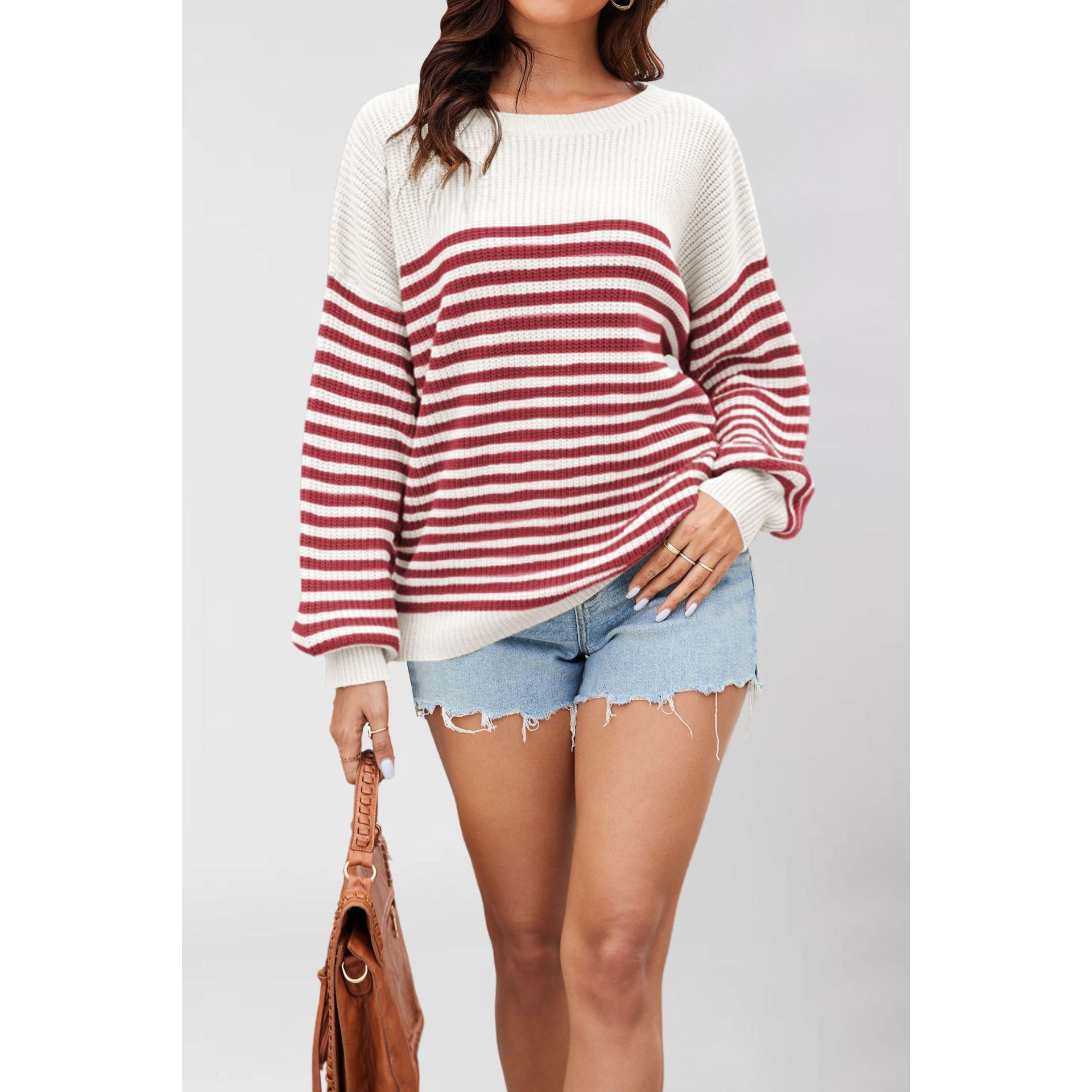 TK Suéter de punto a rayas con bloques de color, manga larga y cuello redondo, talla grande, para mujer, otoño/invierno