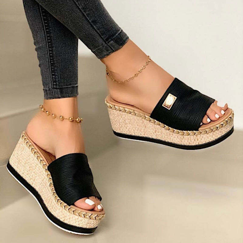TK Nuevas zapatillas de cuña de Suela Gruesa tejido con Cuerda de cáñamo de Verano para Mujer, sandalias de una sola línea de gran tamaño para Mujer.