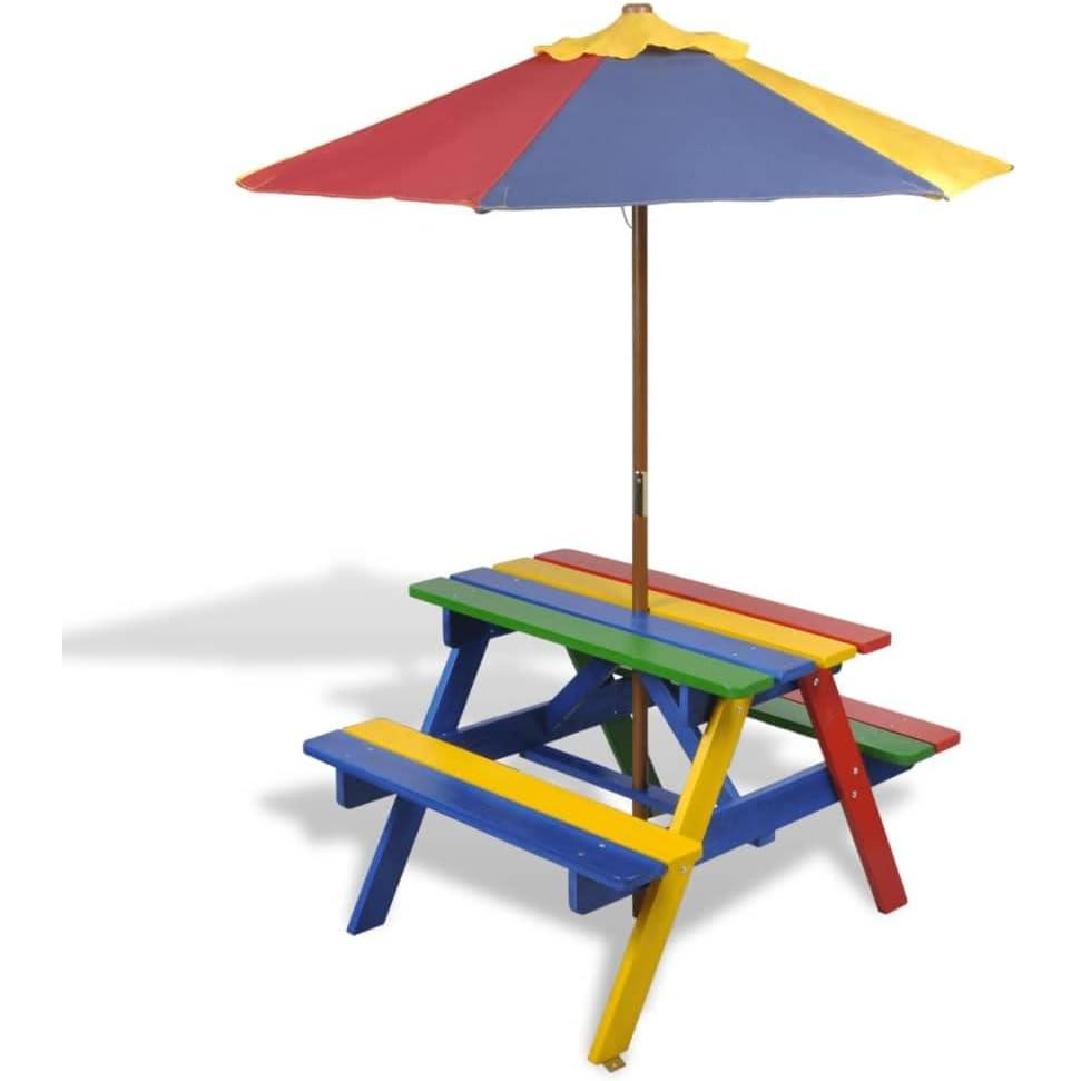 Gerimport Mesa de Picnic y Bancos para Niños con Sombrilla de Madera Multicolor