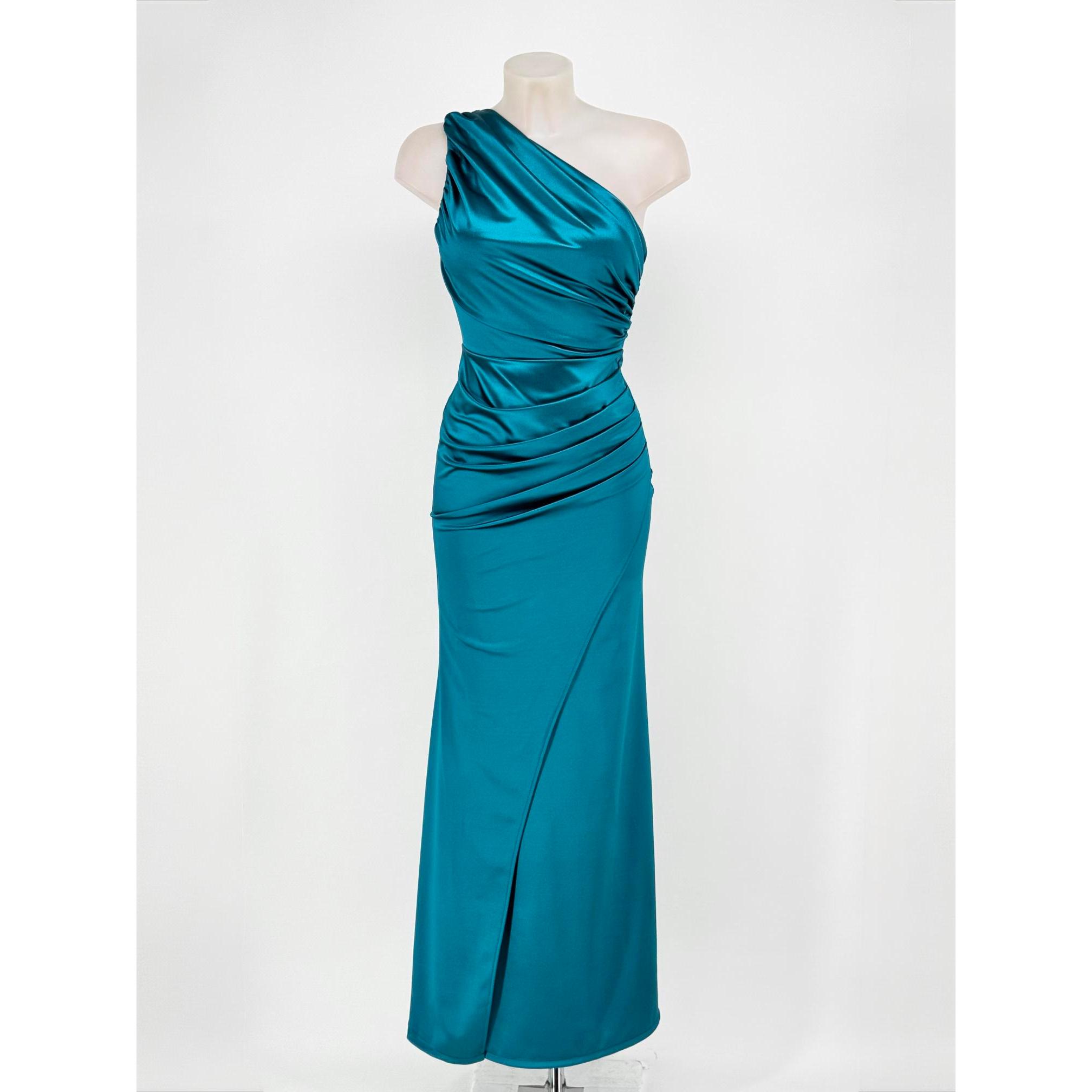 Vestido Largo de Fiesta Asimétrico tejido elástico con Escote Drapeado, Fruncido Moldeador en Cadera y Cierre Invisible Trasero. Elegante Diseño de Gala Sofisticado Ajustado Ideal para Bodas, Graduaciones y Eventos Especiales. Disponible en Tallas S/M y L