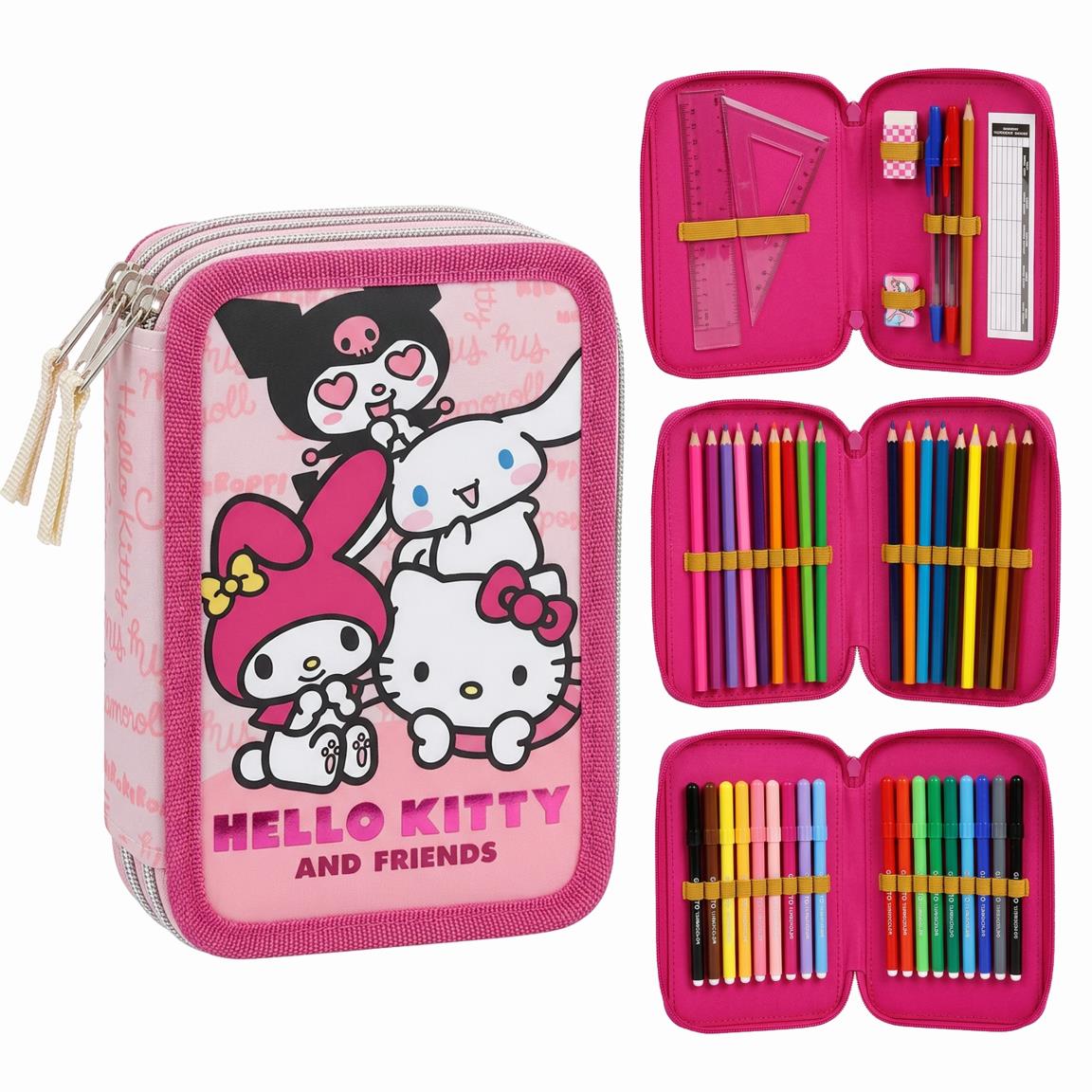 Estuches y Plumiers Hello Kitty y Kuromi para Niñas - Portatodos con Varios Compartimentos, Cierre de Cremallera y Licencia Oficial, Accesorios de Papelería para Colegio y Vuelta al Cole