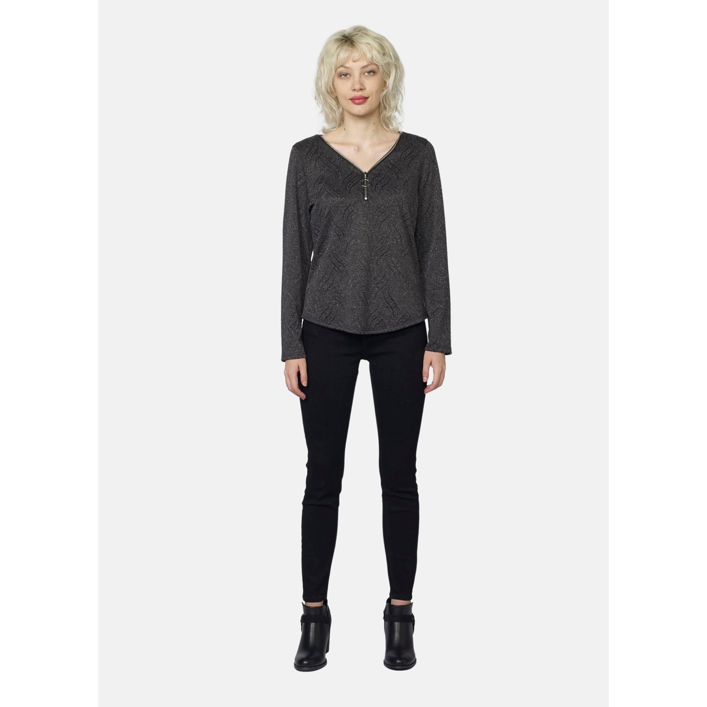 Koroshi - Camiseta manga larga mujer con escote de cremallera regulable y detalles en lurex plateado gris