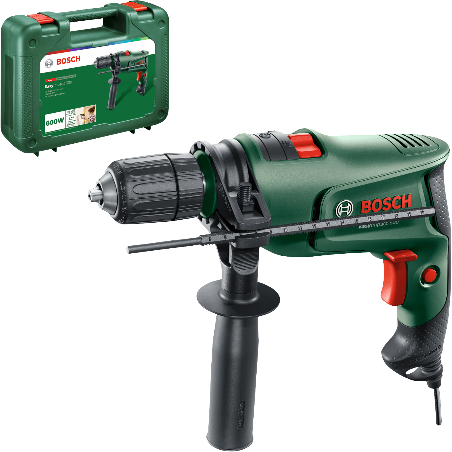 Bosch - Taladro Percutor con Cable - EasyImpact 600 - 600W, Portabrocas de 2 Casquillos, con Maletín