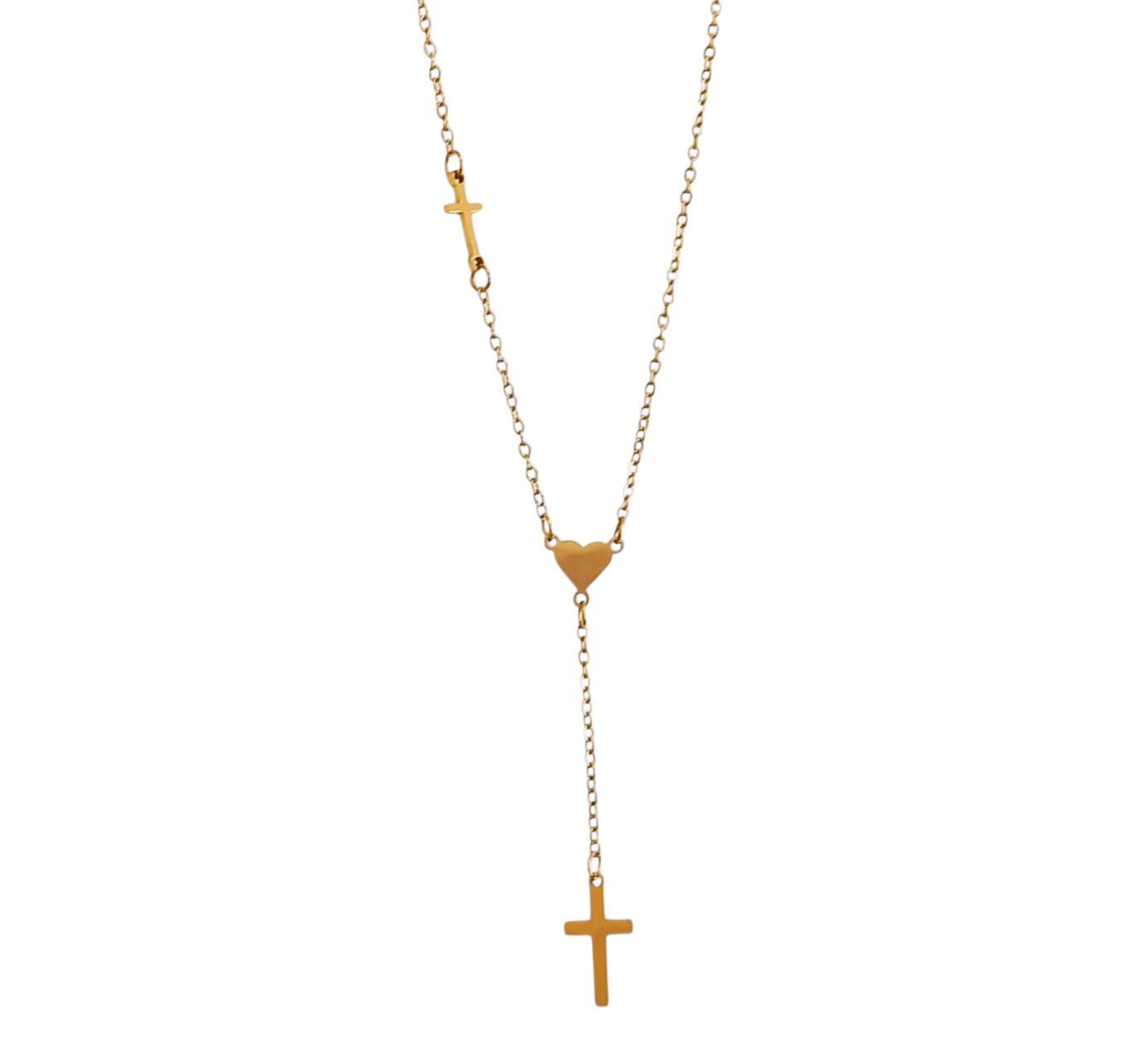 Collar de forma Y ajustable con colgante cruz y corazon pulida de acero inoxidable oro 18K PVD Waterproof