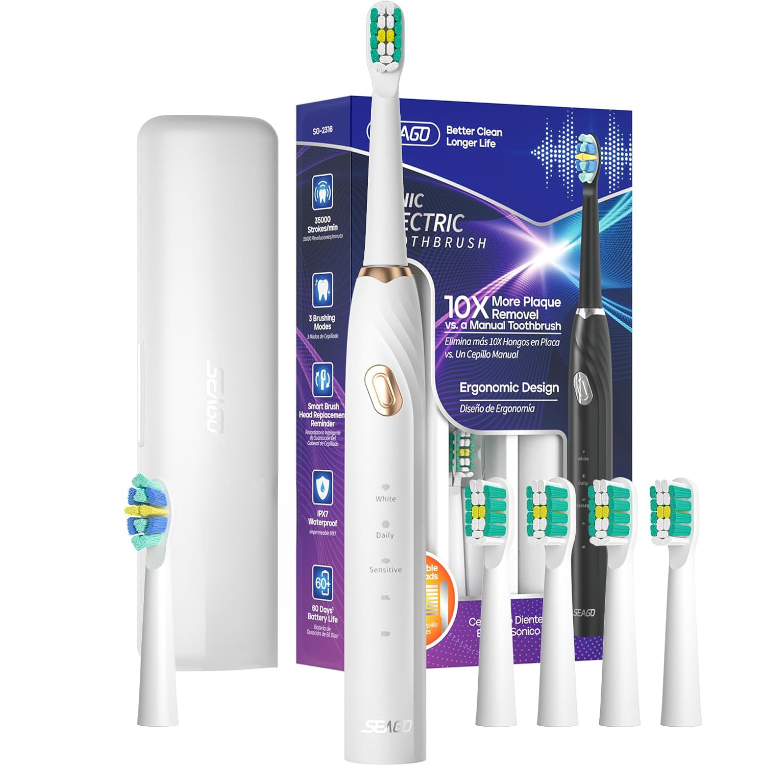 Cepillo de Dientes Eléctrico Sónico Recargable con 5 Cabezales, 35.000 Vibraciones/Min, 3 Modos de Limpieza, Temporizador 2 Minutos, Aviso de Cambio de Cabezal, Autonomía 60 Días, Estuche de Viaje