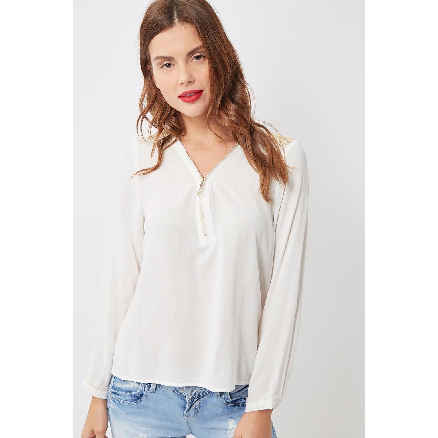 Blusa mujer manga larga, blusa blanca poliéster, cremallera dorada, flecos hombros, modelo elegante casual, oficina, look urbano, tejido fluido, talla L, cómoda y versátil, ideal primavera-verano, ✅Entrega 24/48h