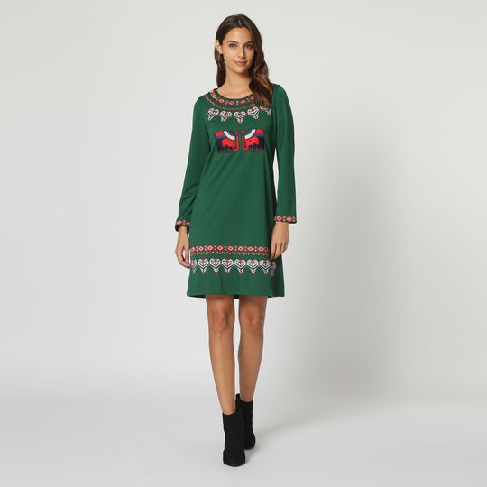 Vestido marca ANANY recto satinado bordado de poliéster y elastano para eventos elegantes, con cuello redondo y mangas largas, forro integrado y cremallera- REF: AN-160522
