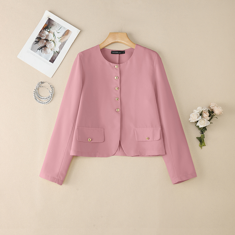 TK Chaleco Elegante Para Mujer Primavera O-Neck Manga Larga Botones Ligero Traje De Oficina Outerwear Talla 3XL