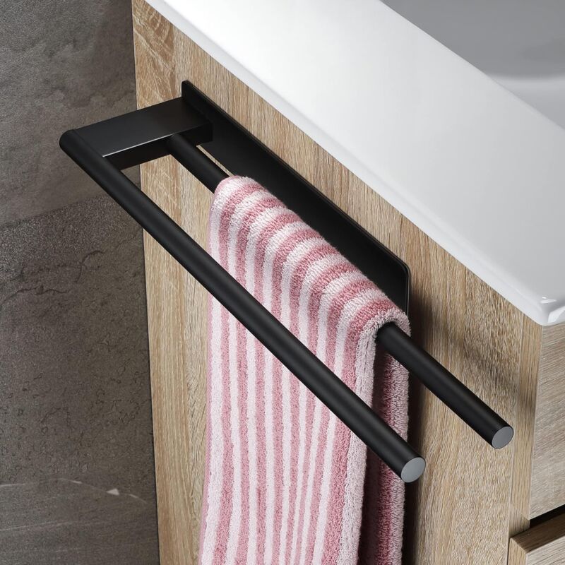 Toallero Doble 39 cm, Autoadhesivo de Pared en Acero Inoxidable, Negro