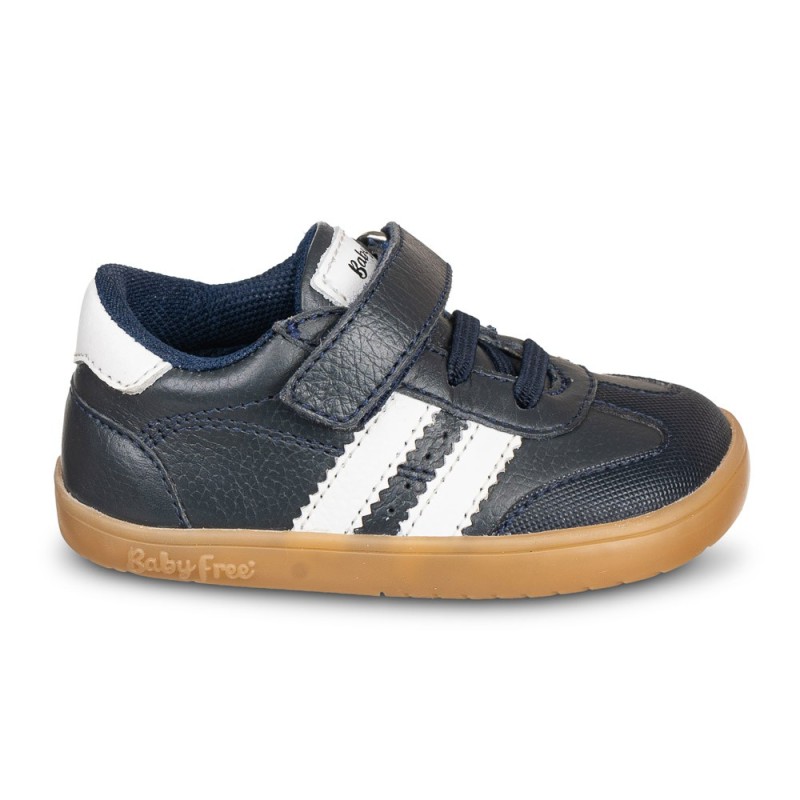Baby Free - Zapatillas barefoot infantiles de piel azul con velcro y suela flexible para desarrollo natural del pie