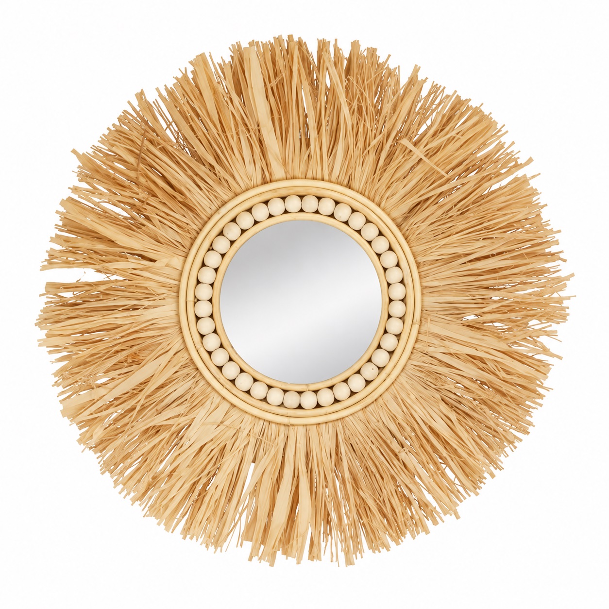 Espejo decorativo LUX redondo de fibras naturales con diseño rayos para pared estilo boho rústico 42 cm