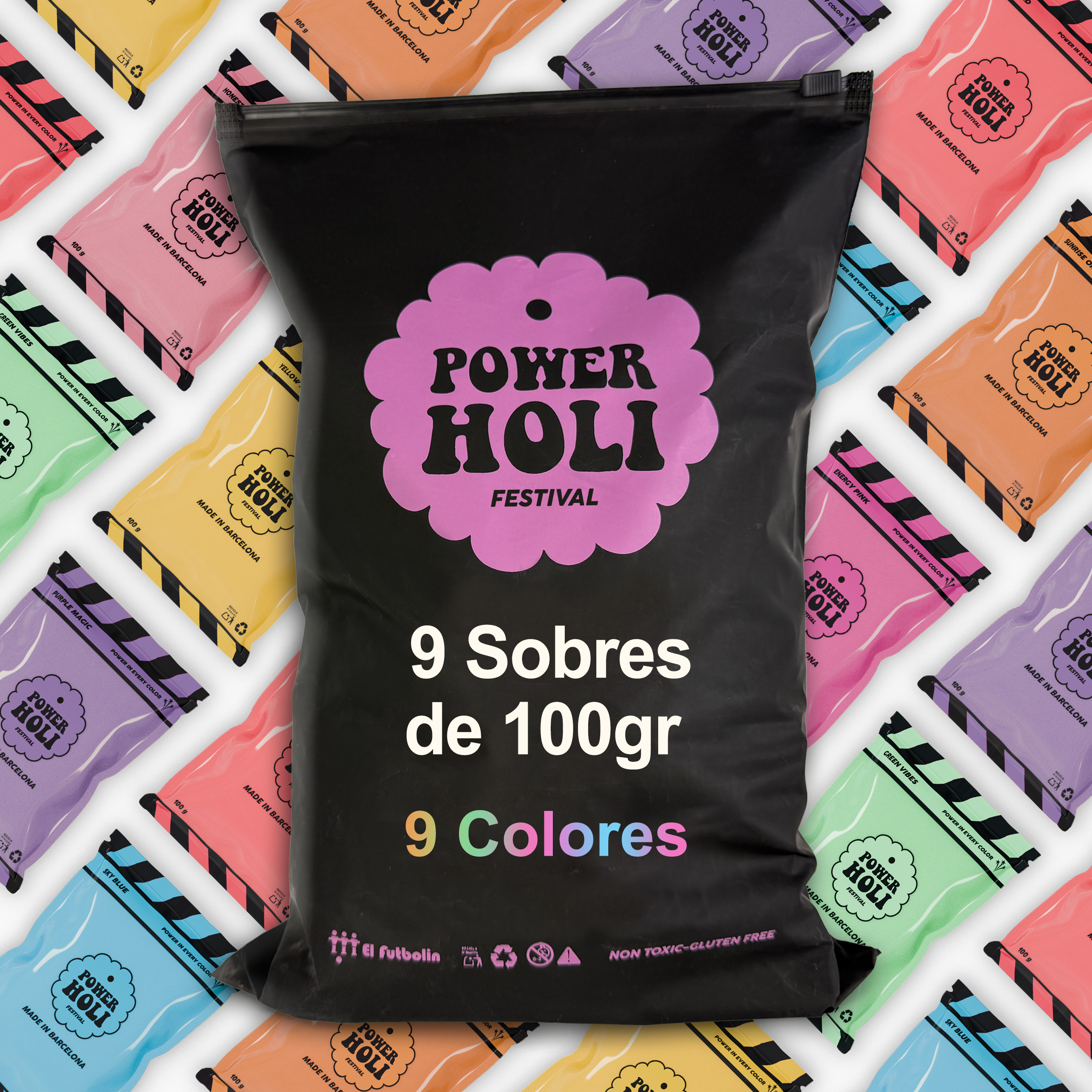 Polvos de Colores Fiesta Holi | 54 Sobres Abrefacil de 100 gr | 9 Colores | Polvos Fiesta Holi | Fotografía | Festivales | No Tóxicos | POWER HOLI FESTIVAL