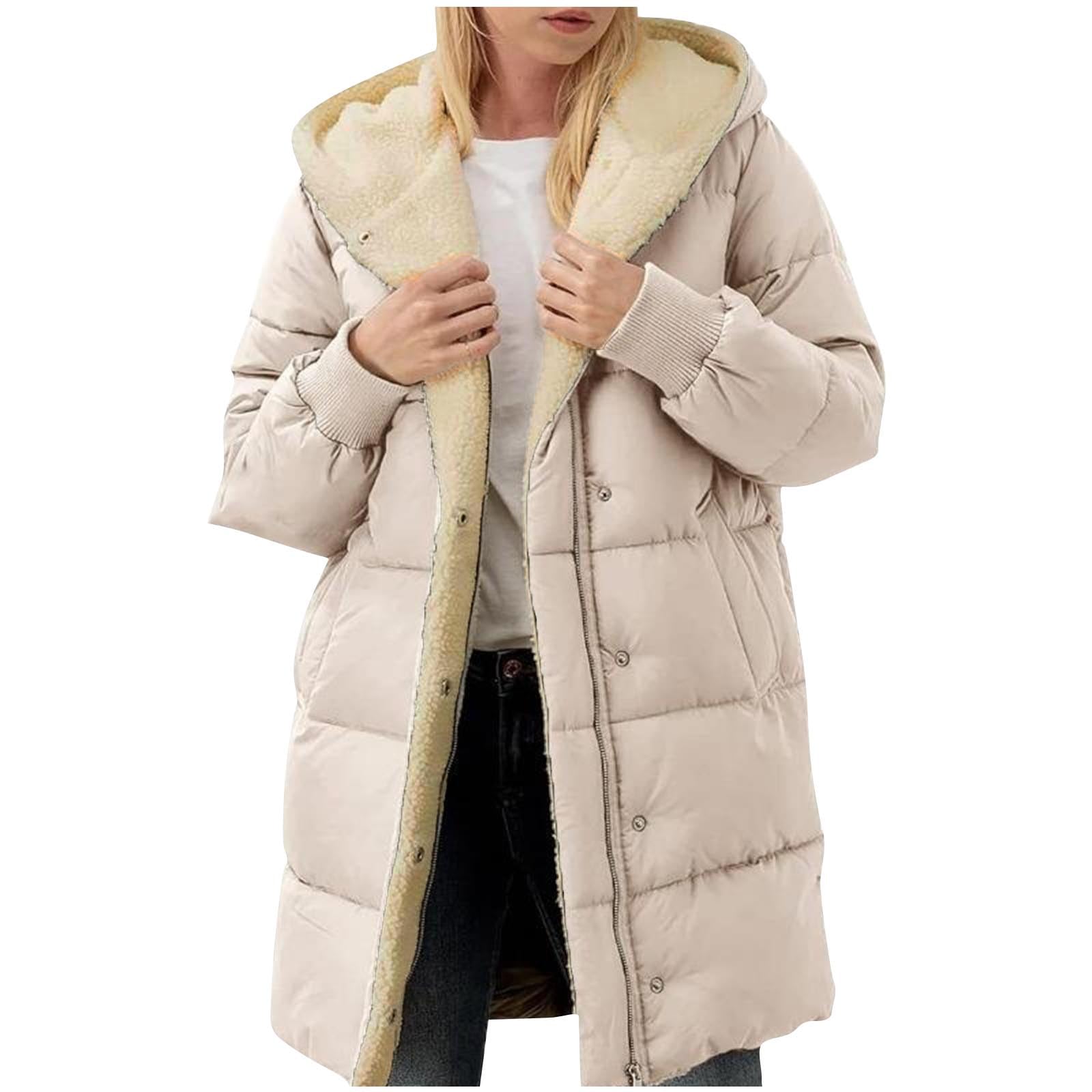 TK Abrigo largo acolchado con forro de piel de oveja, chaqueta de invierno para mujer con capucha y bolsillos, talla grande 2025