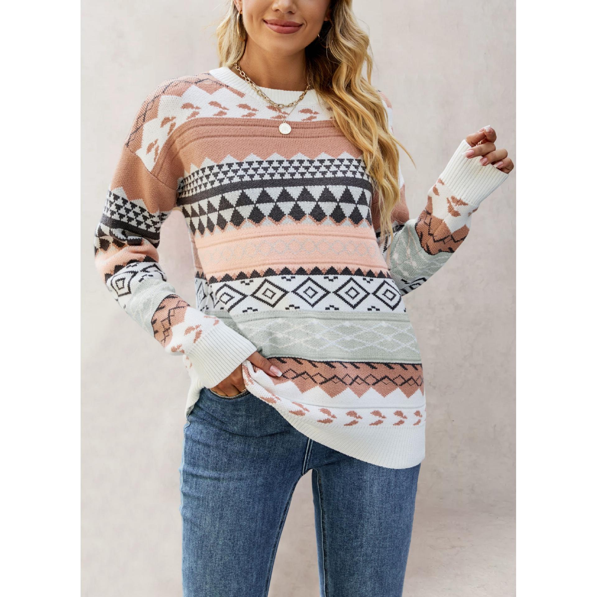 TK Suéter retro de punto con estampado de rombos y jacquard multicolor para mujer, otoño/invierno