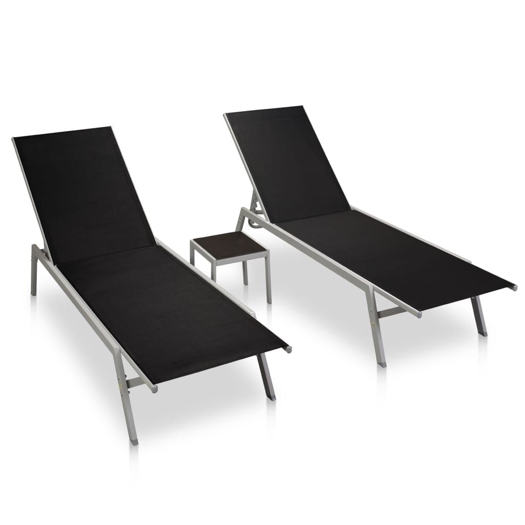 vidaXL Tumbonas con mesitas 2 uds acero y textileno negro