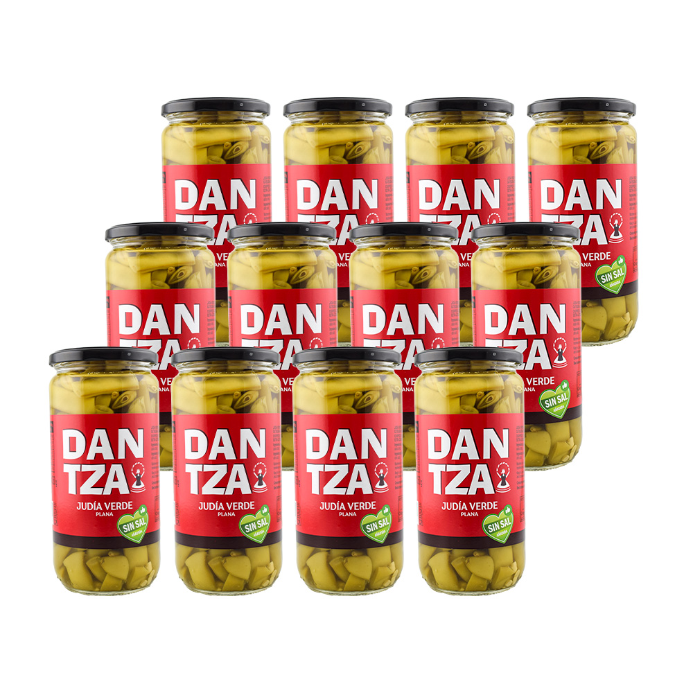 Judías Verdes Planas Troceadas Sin Sal Dantza 660g – Pack 12 Frascos – Conserva Vegetal Categoría Extra, Listas para Consumir