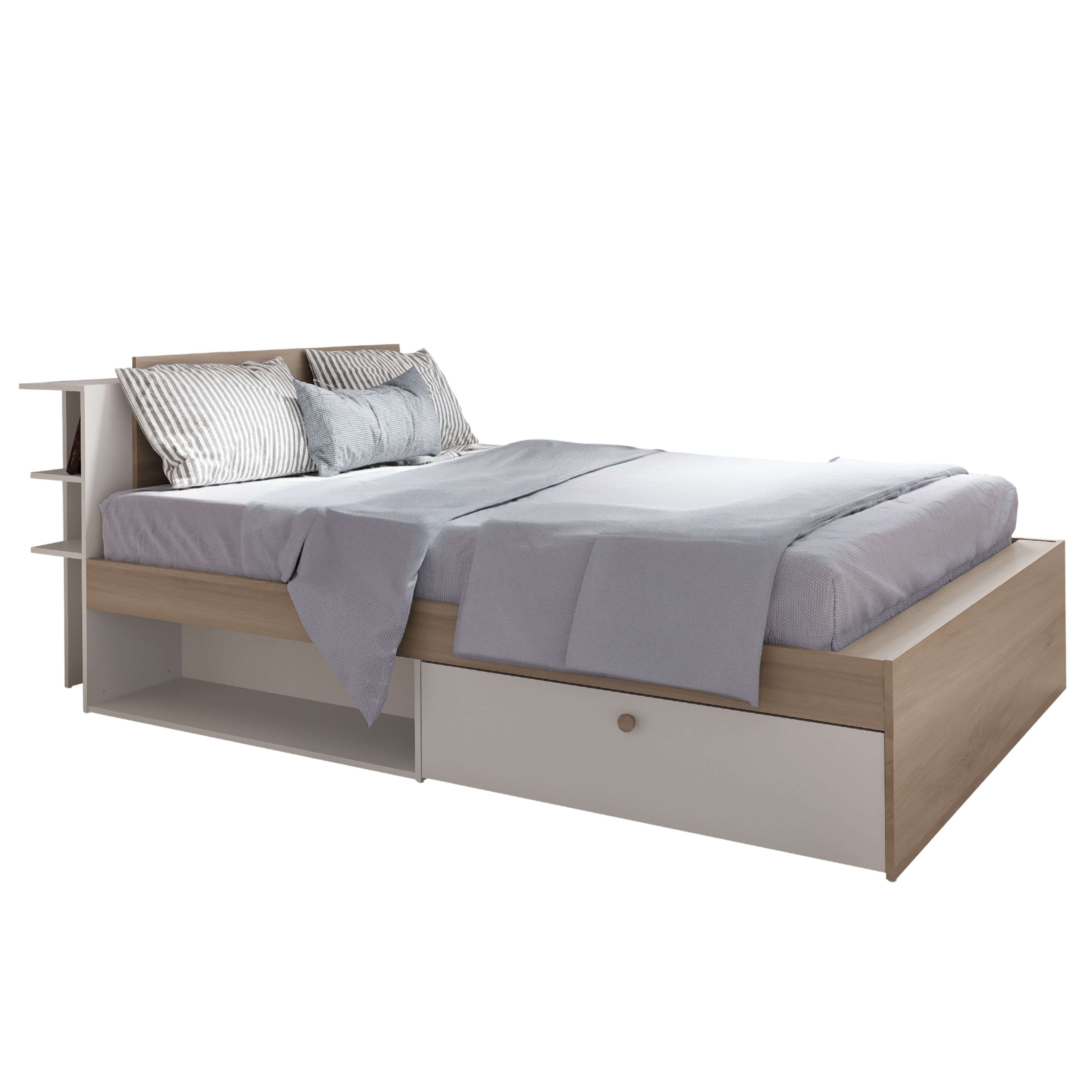 Miroytengo Cama matrimonio Life en color roble Kronberg y blanco mate con cabecero y 2 cajones 135-140x190-200 cm